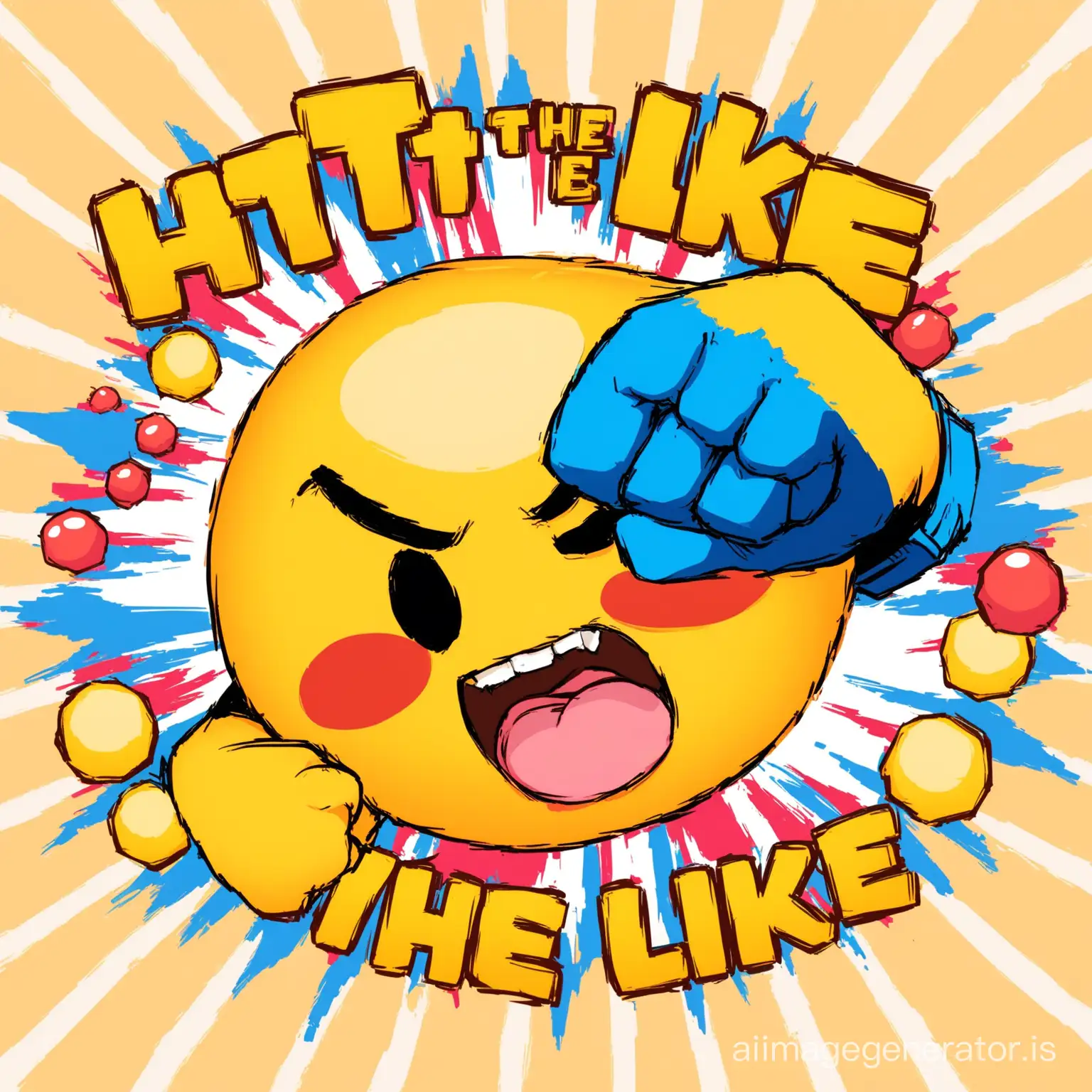 Like emoji with arms and fist punching the phrase 'Hit the Like'