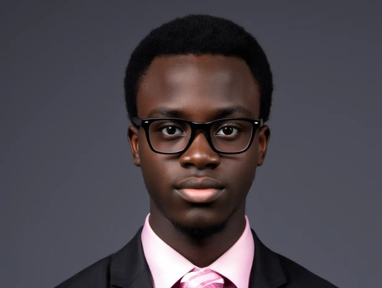 The person is a male from Ghana. He is 23 years old, no facial hair, no beard, his skin is smooth, slightly pink bottom lip, brown eyes, black hair and black square eyeglasses