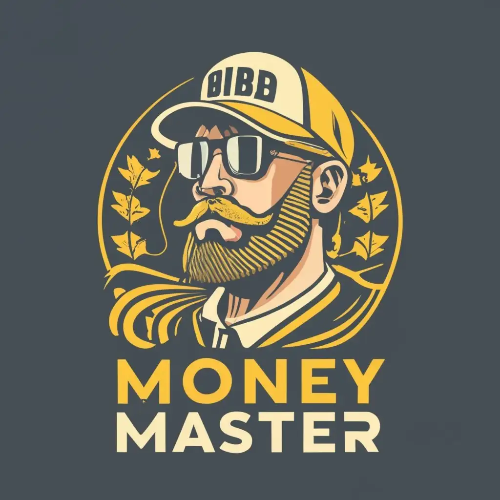 logo, Man with beard, mustache and with cap (with black and white usa flag), on black background with gold outline, with the text "Money Master", typography