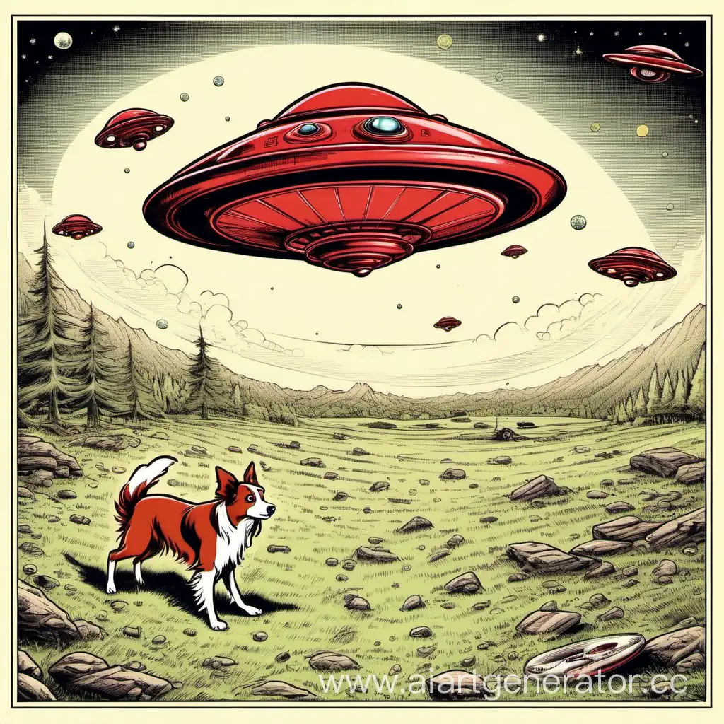 The red border collie catches a flying saucer, while aliens swear