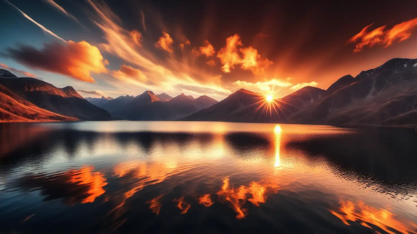 bright sunset over a lake, mountains with wind swept clouds, reflection