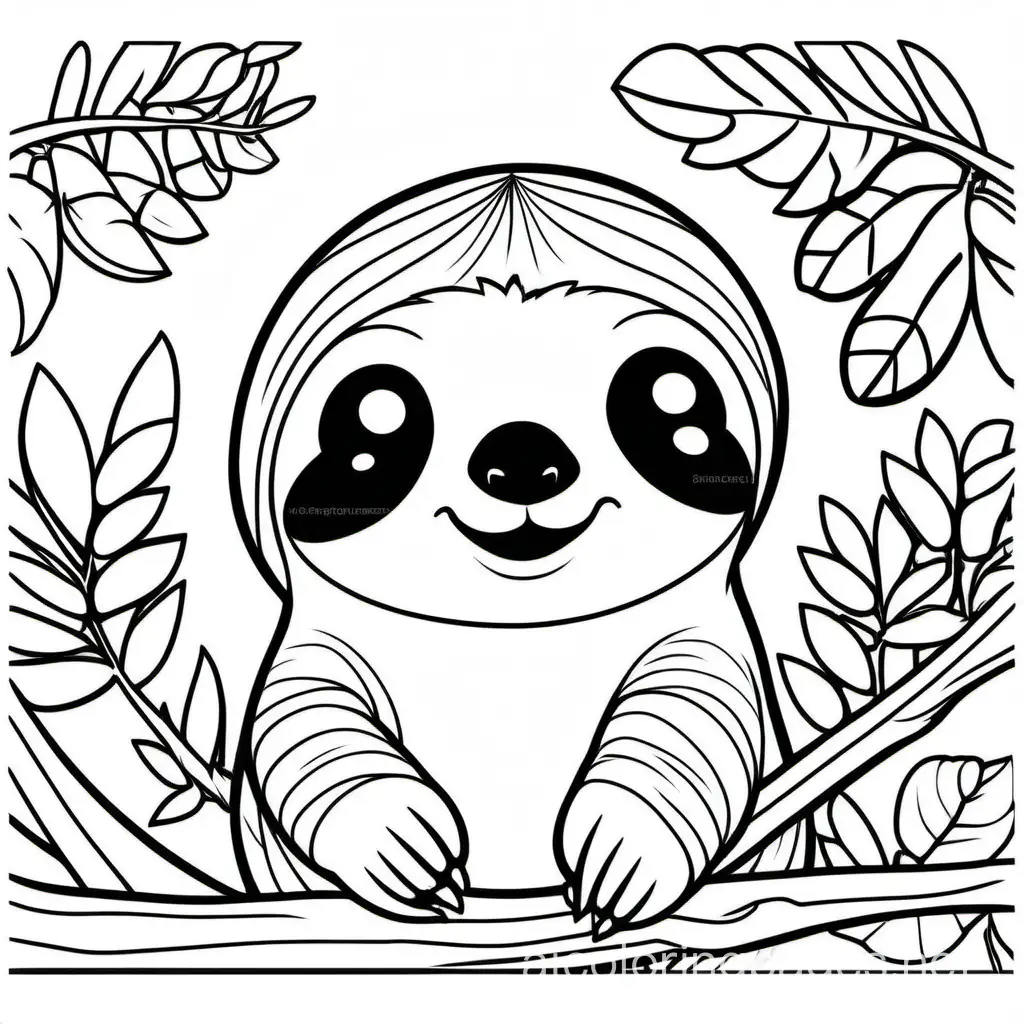 happy sloth, Coloring Page, black and white, line art, white background, Simplicity, Ample White Space. The background of the coloring page is plain white to make it easy for young children to color within the lines. The outlines of all the subjects are easy to distinguish, making it simple for kids to color without too much difficulty