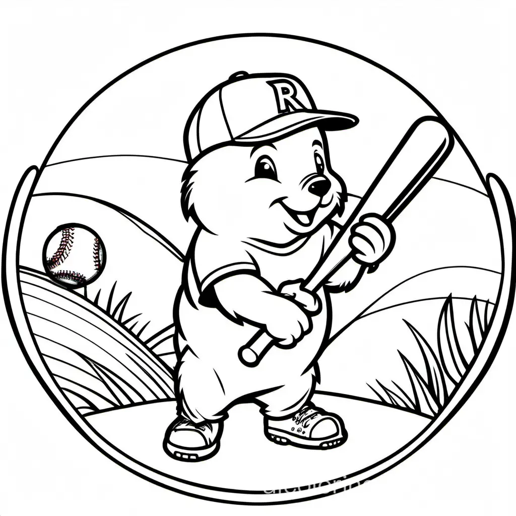 Beaver playing baseball with an R on his hat, Coloring Page, black and white, line art, white background, Simplicity, Ample White Space. The background of the coloring page is plain white to make it easy for young children to color within the lines. The outlines of all the subjects are easy to distinguish, making it simple for kids to color without too much difficulty