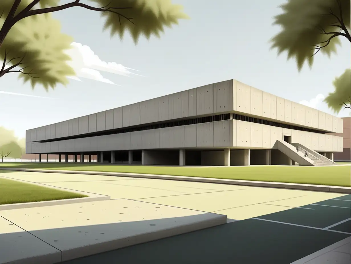 Illustration: a concrete building with no windows. There is grass around the building and a large parking lot.  Front view of museum
