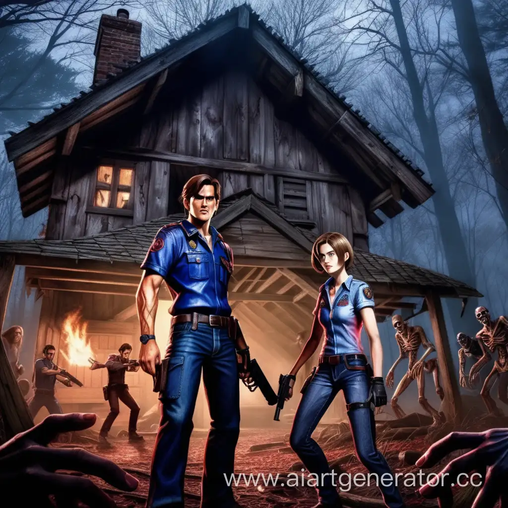 Art crossover Evil Dead and Resident Evil. Leon Kennedy and Jill Valentine vs dedytes and zombies. Against the background of a hut in the forest of the Evil Dead. Art in the spirit of the game Resident Evil Village
