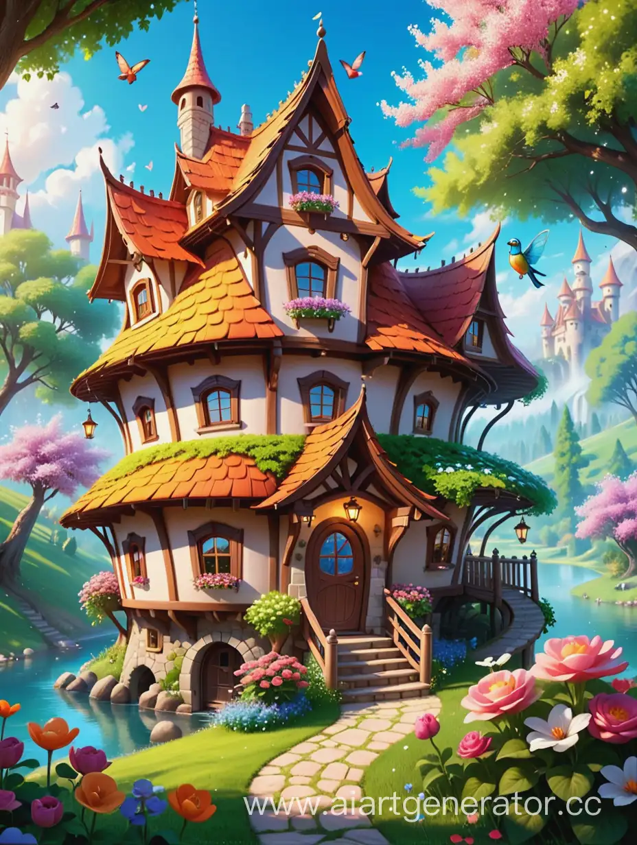 Enchanting-FairyTale-House-Amidst-Flourishing-Nature-with-Cheerful-Bird