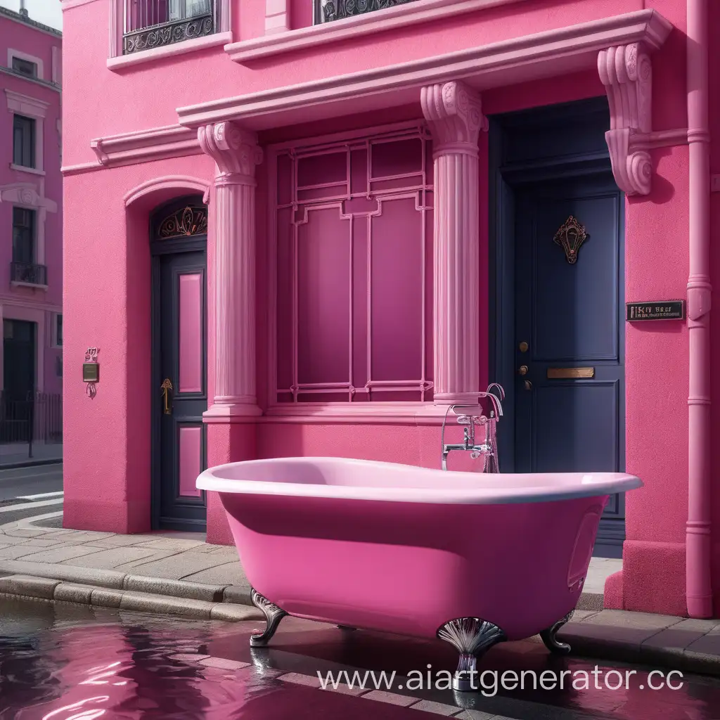 Задний фон с улицей, на переднем плане в углу темно-розовый частный дом и розовое окно в нем, еще на переднем плане на улице стоит ванна с водой, а позади этой ванны стоит большая темно-розовая ширма скрывающая ванну