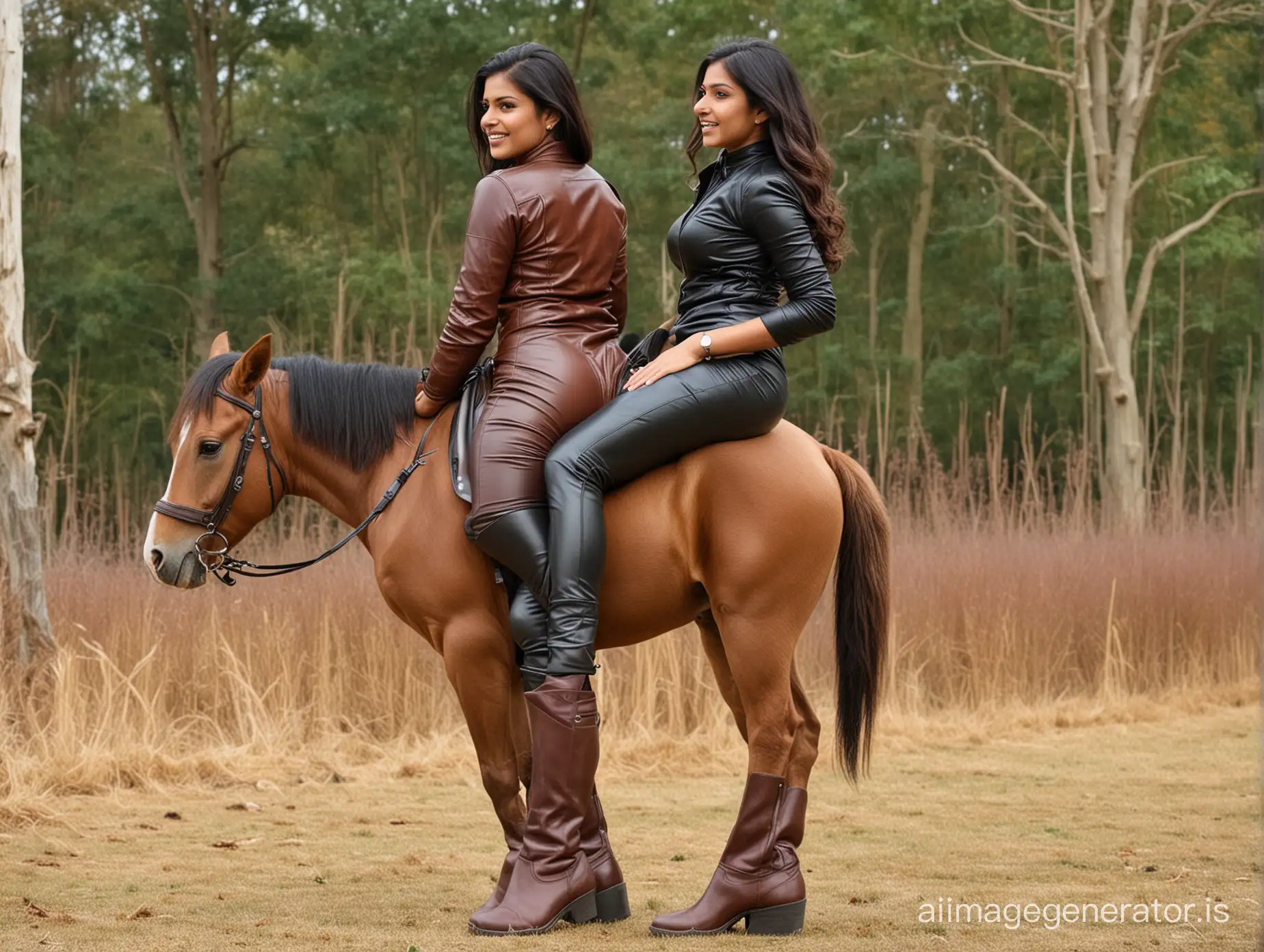 Indian woman wearing full body leather bodysuit catsuit and brown riding boots showing piggyback thick extra large butt in leather pants back picture 