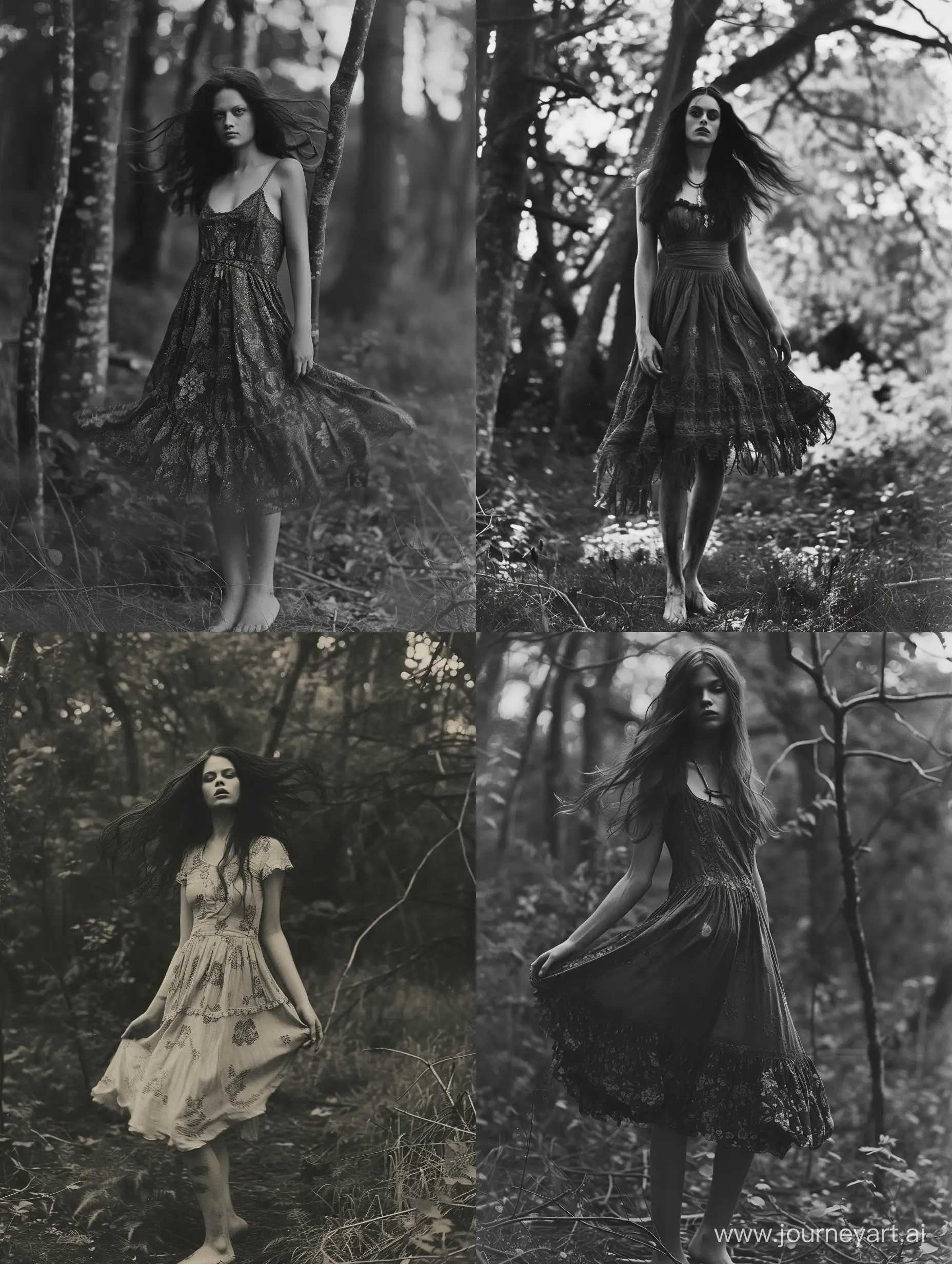 Wearing a creepy ethereal dress and barefoot, a mystical pagan woman with flowing hair stands in an eerie forest forest, evoking an aura of enchantment and dark magic, pagan horror, dark aesthetic, folk horror, grayscale, expired 35mm film 