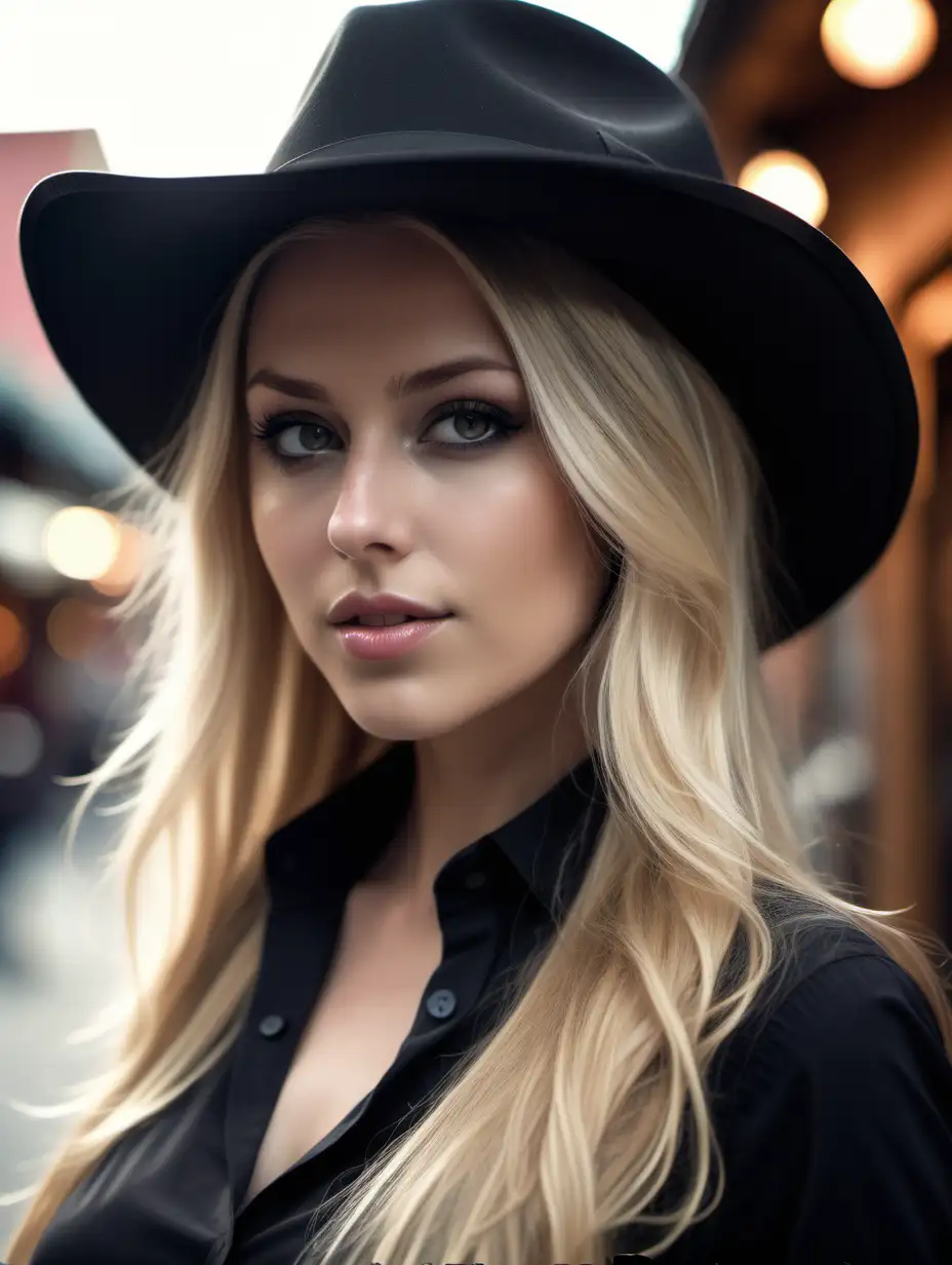 Seductive Nordic Woman in Black Fedora Stands by Saloon