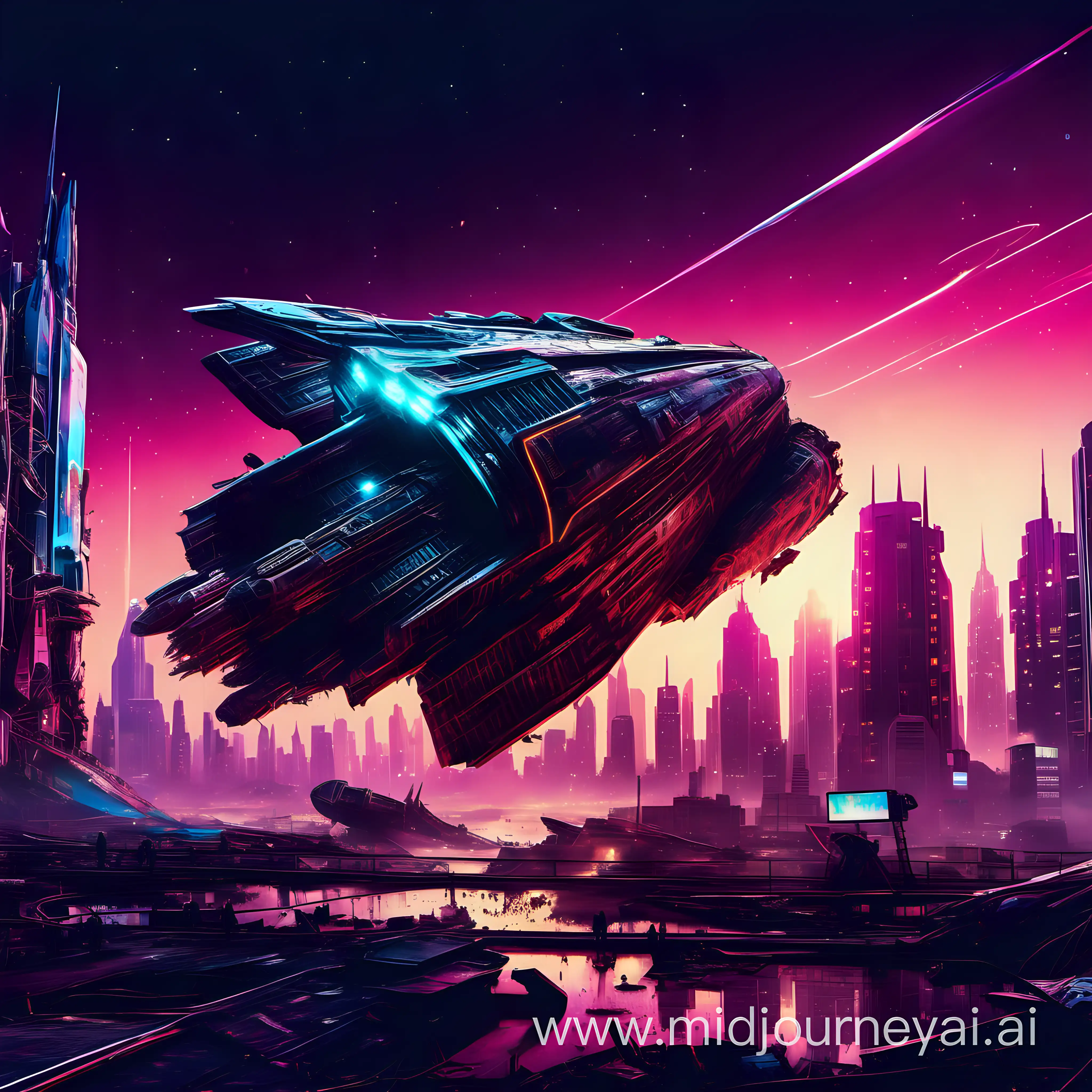 A crashed spaceship is seen in the foreground and in the background is a neon cityscape