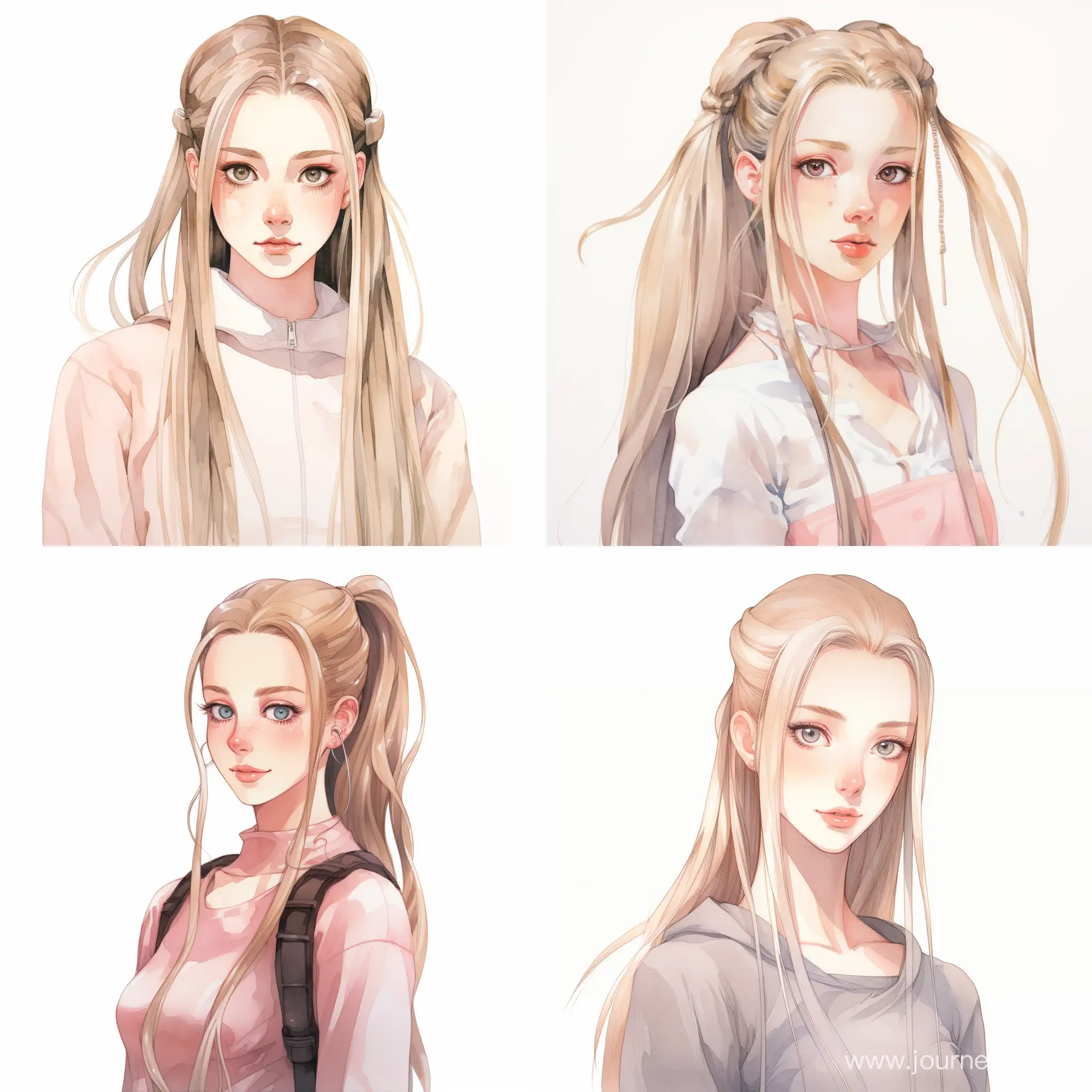 An anime portrait of a tall pink skinned woman with white eyes with no pupils, eyelashes, elf ears with golden hoop earrings, very long pinkish white hair in a long ponytail and pink horns in a thin white turtleneck sweater, a big chest, very wide hips in dark brown shorts and sneakers with a fierce expression, anime, watercolor