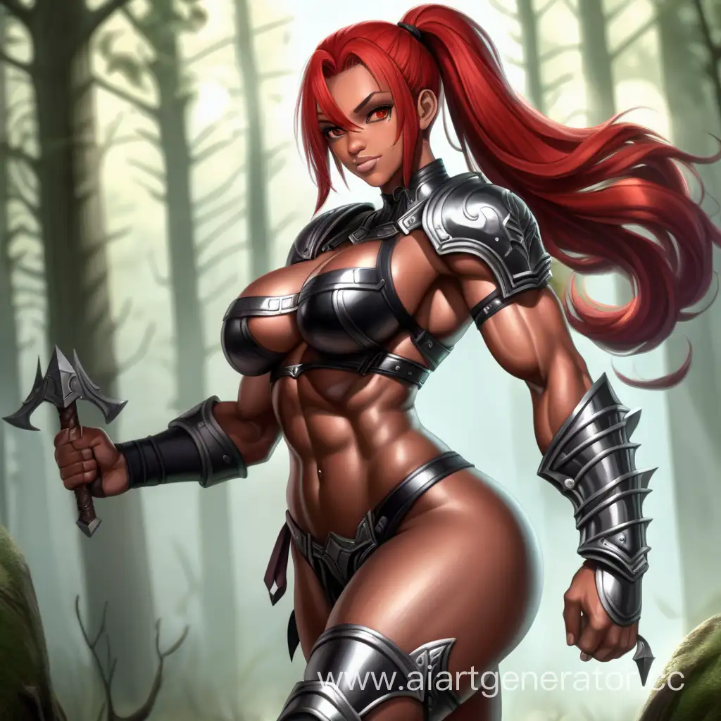 ScarletHaired-Warrior-in-Black-Armor-Flexing-Muscles-in-Fantasy-Forest