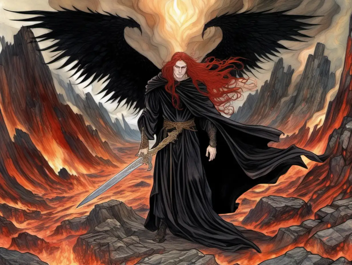male fallen angel, black wings, long red hair, black robe, giant sword, emerging from a volcano in the ground, medieval fantasy, Rebecca Guay