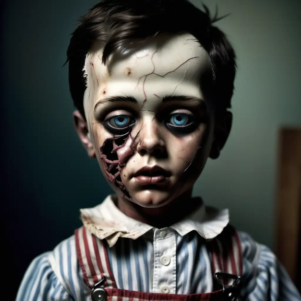 A realistic eerie portrait of a boy being partly a vintage doll that has some tear and wear and partly a realistic mutilated human.