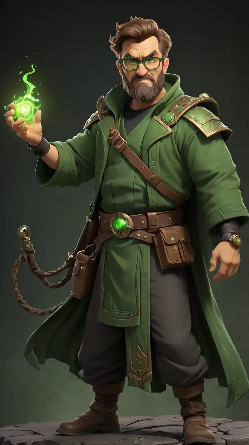 Middle aged male, short brown hair, green warhammer psyker outfit, glasses, beard, hero pose, black stage background, pixar themed, full body image