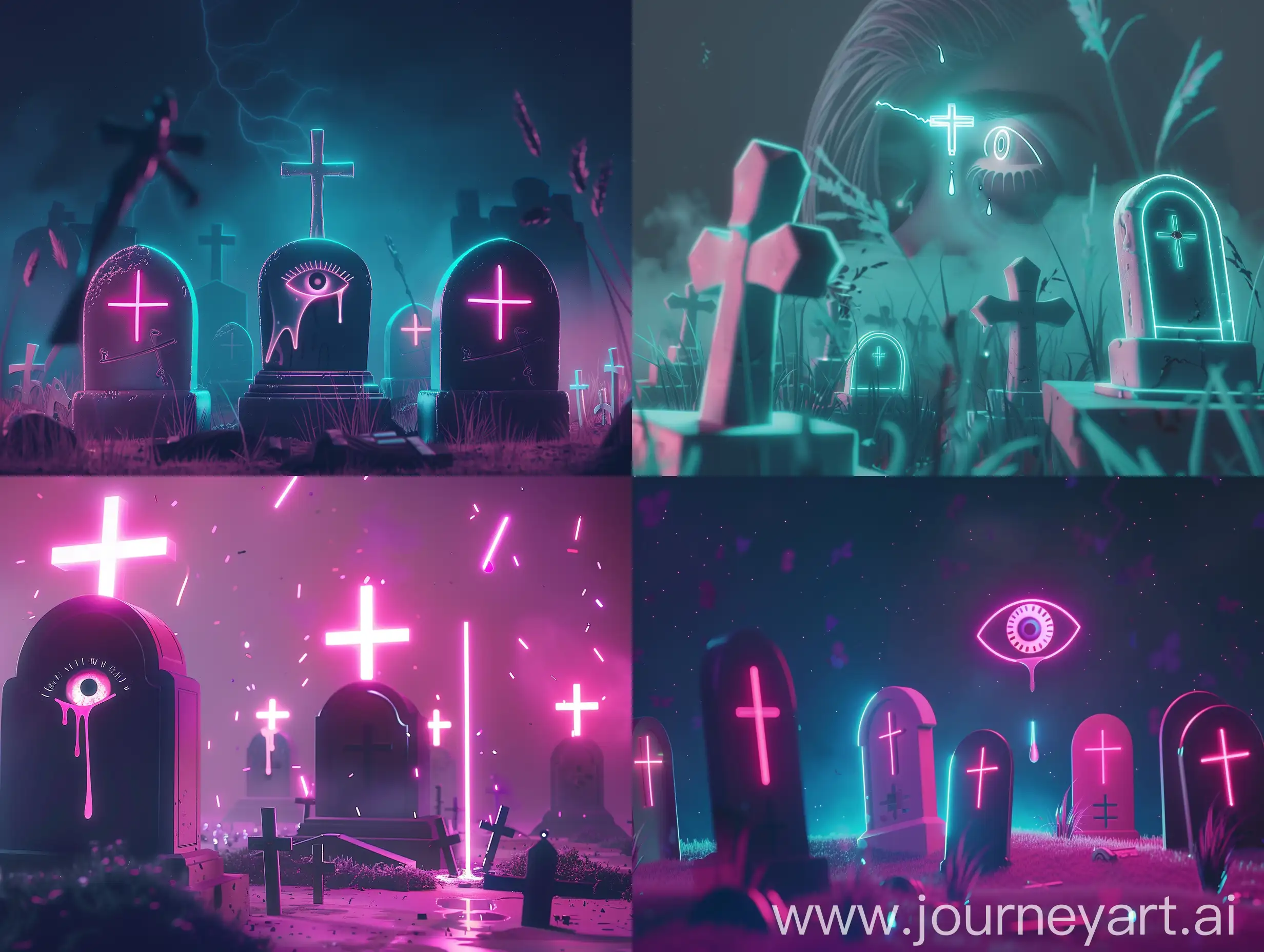 Vaporwave CGI neon cemetery with simple tombstones with crosses and an eye nearby shedding a tear
