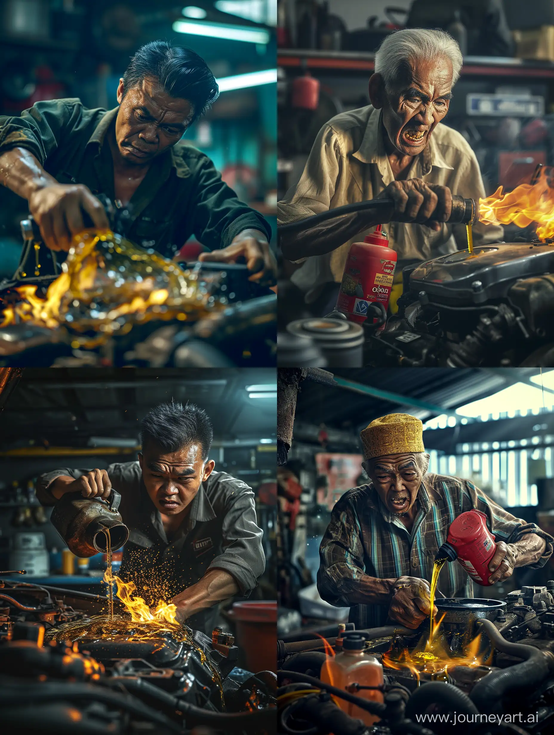 ultra realistic, angry malay mechanic fills the burning oil into the car engine, modern workshop, canon eos-id x mark iii dslr --v 6.0