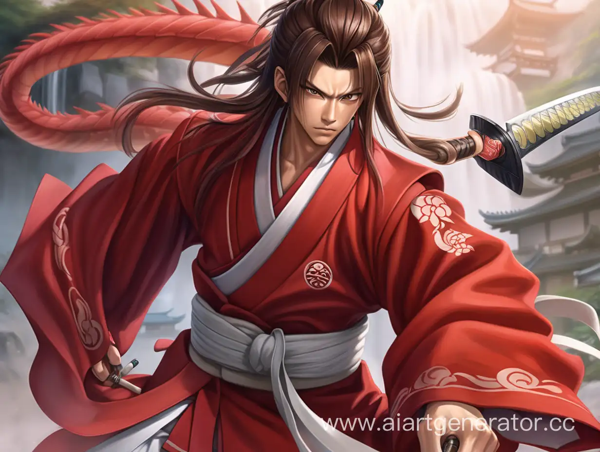 "Portray an anime character: a young man with a certain charisma, whose left eyeball is hidden under a white bandage. There is a slight stubble on his face, giving him a mysterious look. His hair is long, flowing like waterfalls of a natural brown shade, and among them are non-trivially squeezed sharp, curved dragon horns, making their way out and declaring their presence. His outfit is a red Haori, a traditional Chinese garment that embodies style and martial grace, while on his back is a dagger in an elegant sheath, as if ready at any second to merge with the rhythm of his steps."