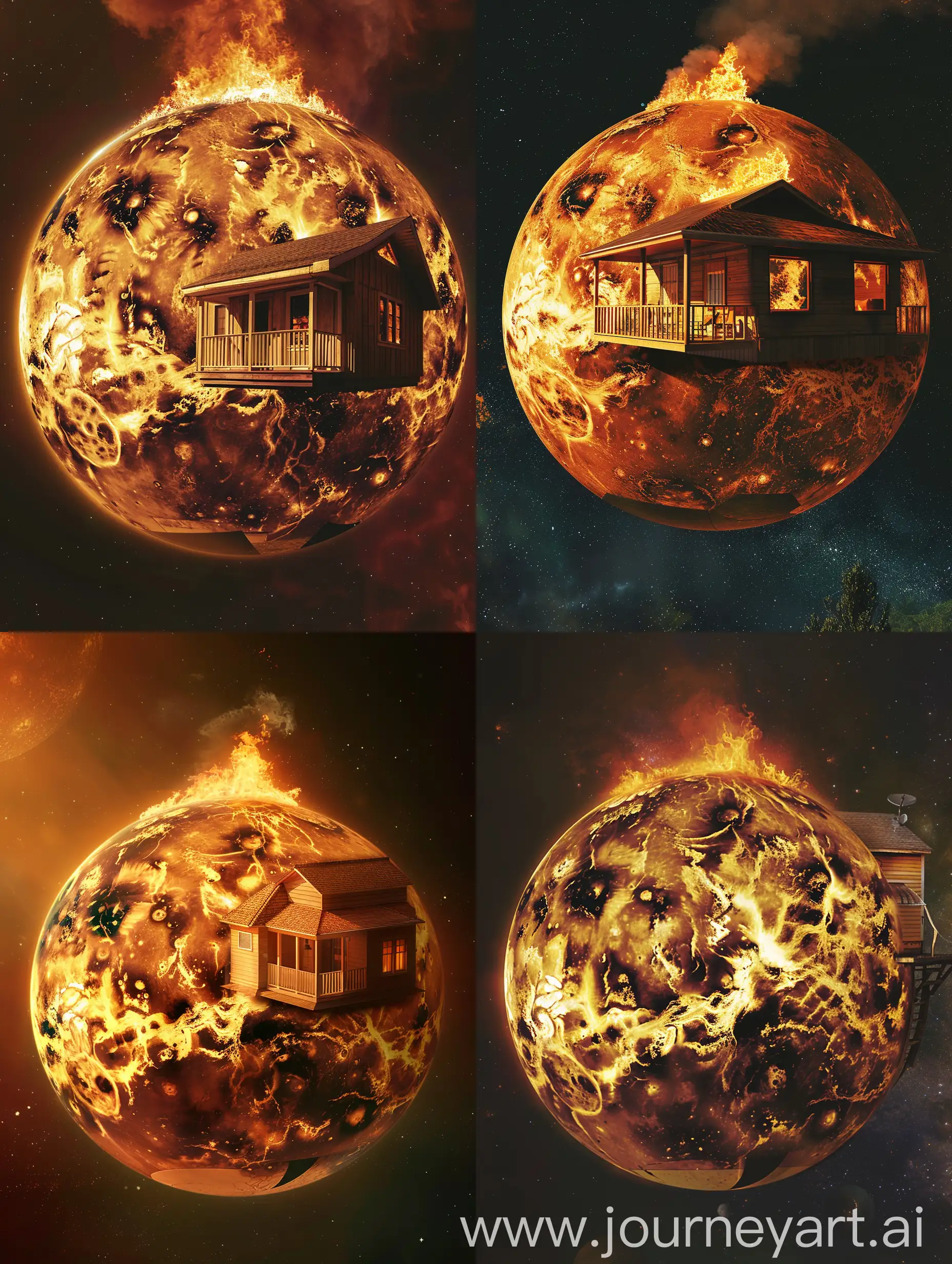 The sphere of the planet Venus in outer space, there is a one-story house with a porch on the planet, a fire on the roof of the house, high detail