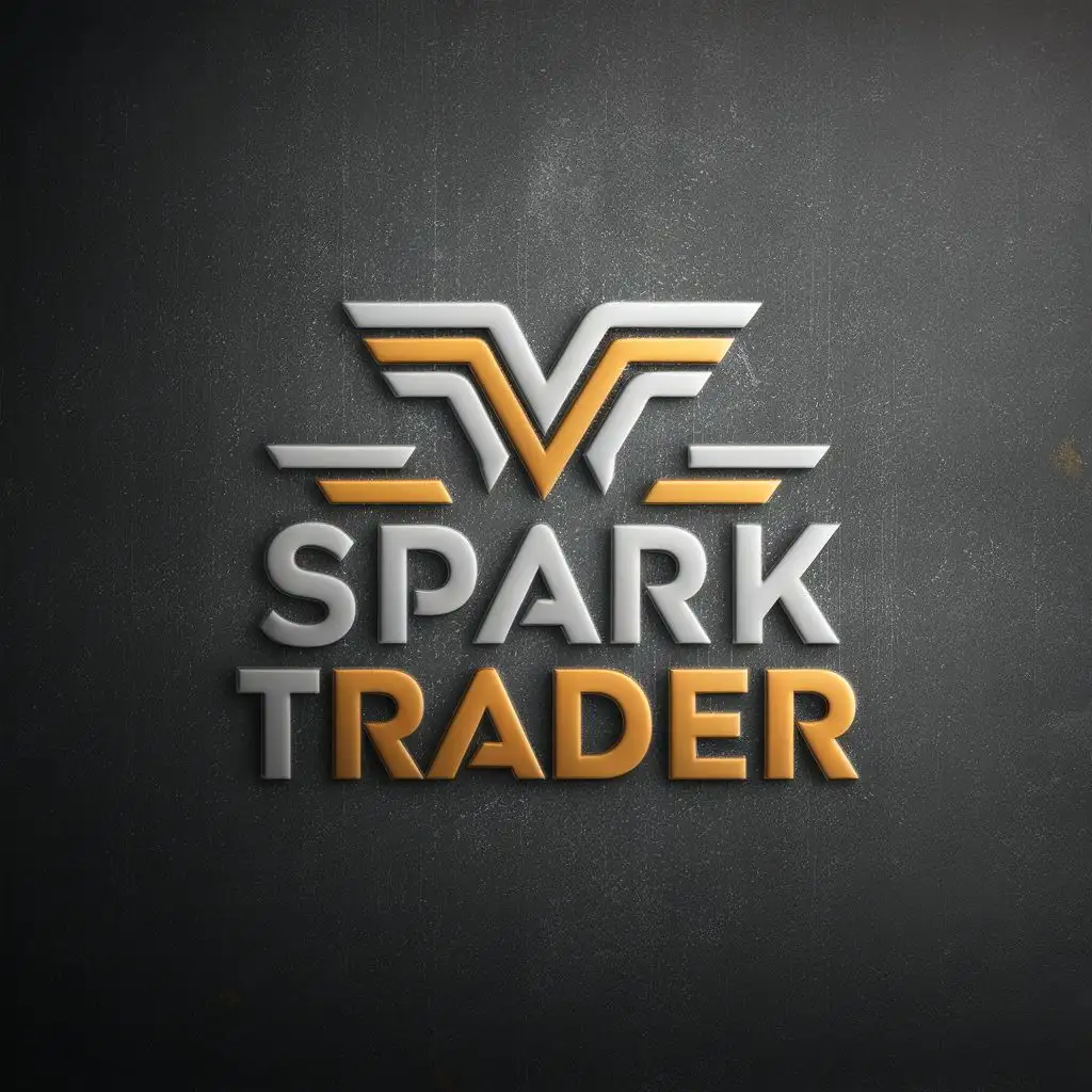 3d logo, unique symbol, with the text "Spark Trader", typography, color combination white and orange and background is dark