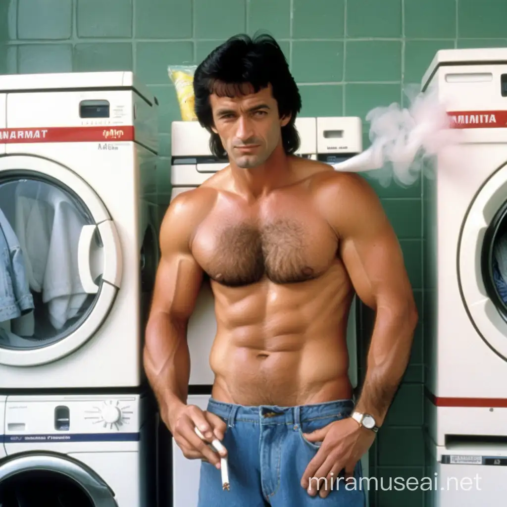 Romanian laundrymat, Guy standing washing clothing while smoking a cigarette, hes shirtless, hes hairy. and hes muscular, 90's