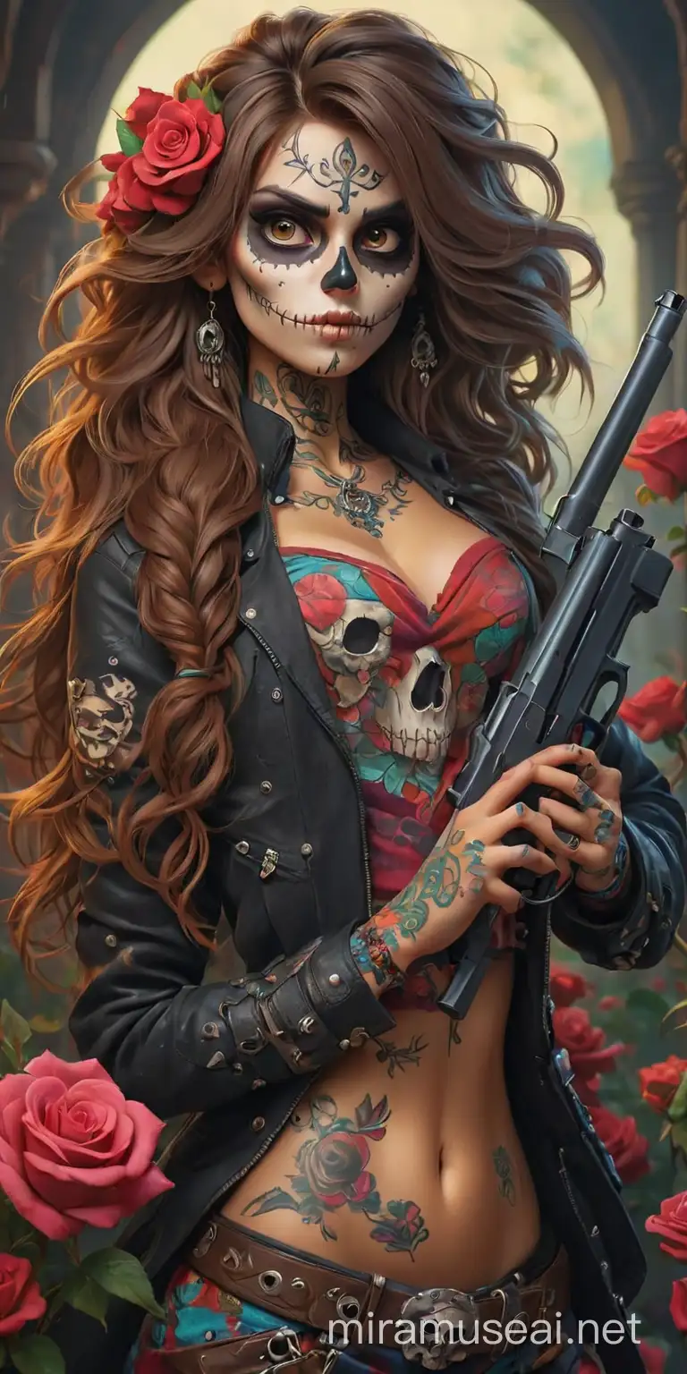 beautiful sugarsckull with human eyes and longue hair holding a gun and having a tattoo with roses around and colorful clothes