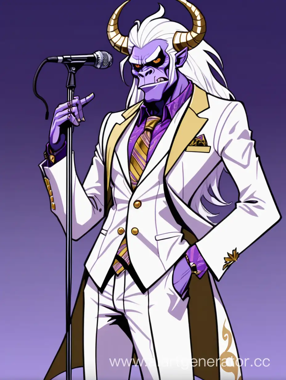 Demon, Gorillaz (musical group) art style, cartoon, tall athletic body, long white hair, white, purple and golden aristocrat suit, horns, male character