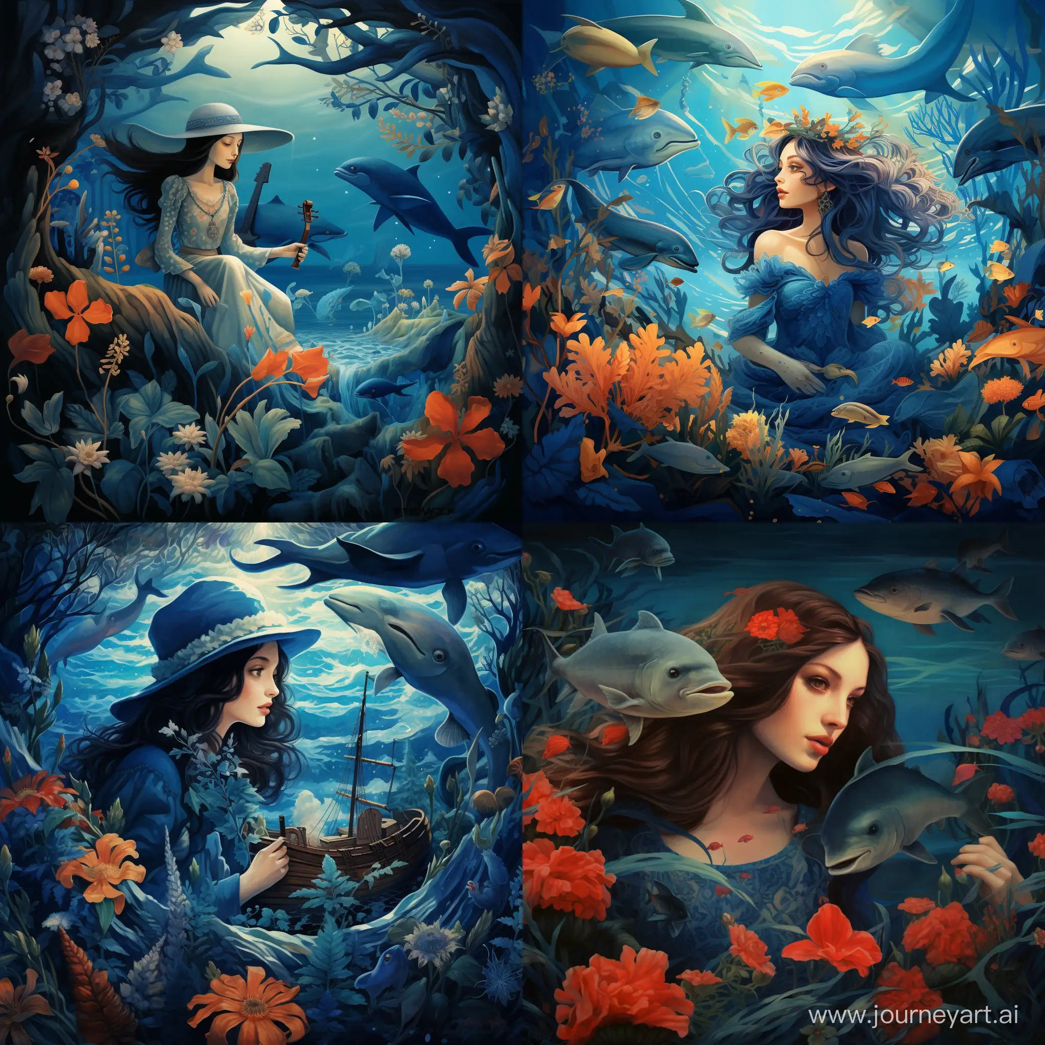 Portugueses, forest, sea, sea monsters, pirates, woman,  flowers, dolphins, bue, old stories, ilustration , discovery a new world inside her