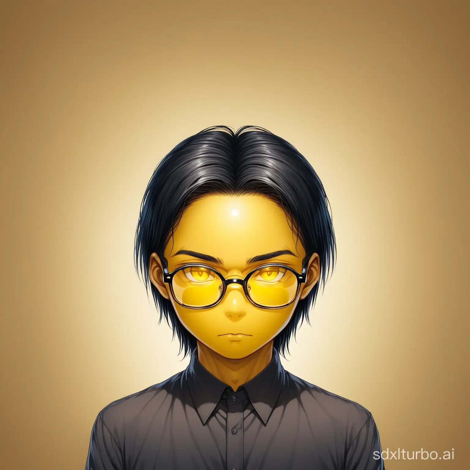 A man wearing glasses who, although only twenty years old, can see through the vicissitudes of the world, with long black hair and yellow skin, presented in the form of a big head photo