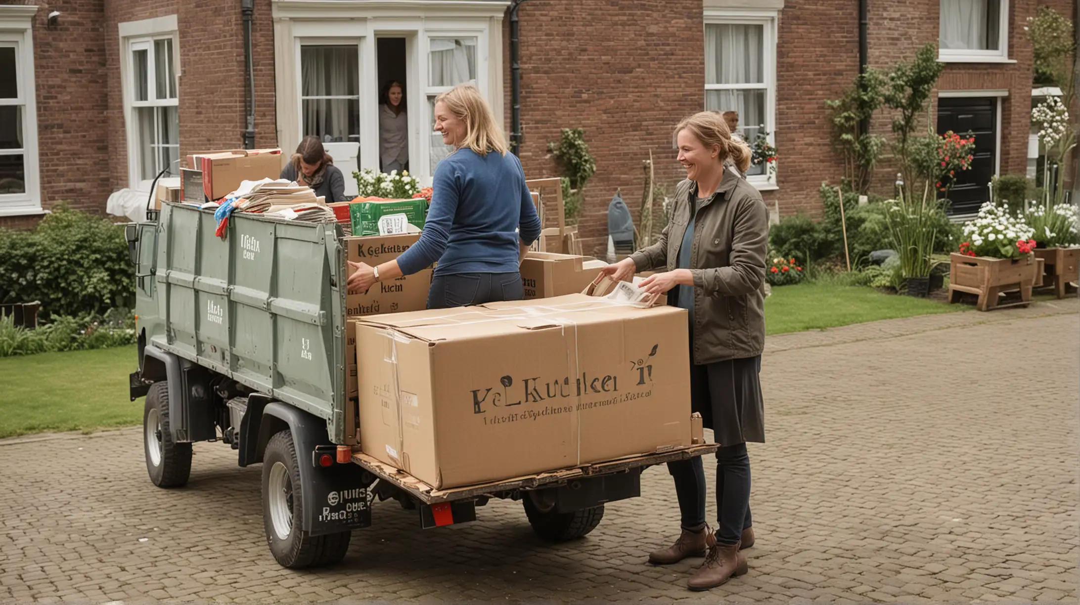 A Dutch couple joyfully loads sealed and labeled boxes into a moving truck outside their traditional home. Each box, marked "Keuken" (Kitchen), "Kleding" (Clothing), or "Boeken" (Books), represents a chapter of their shared life. Their smiles reflect excitement for the new beginning ahead.