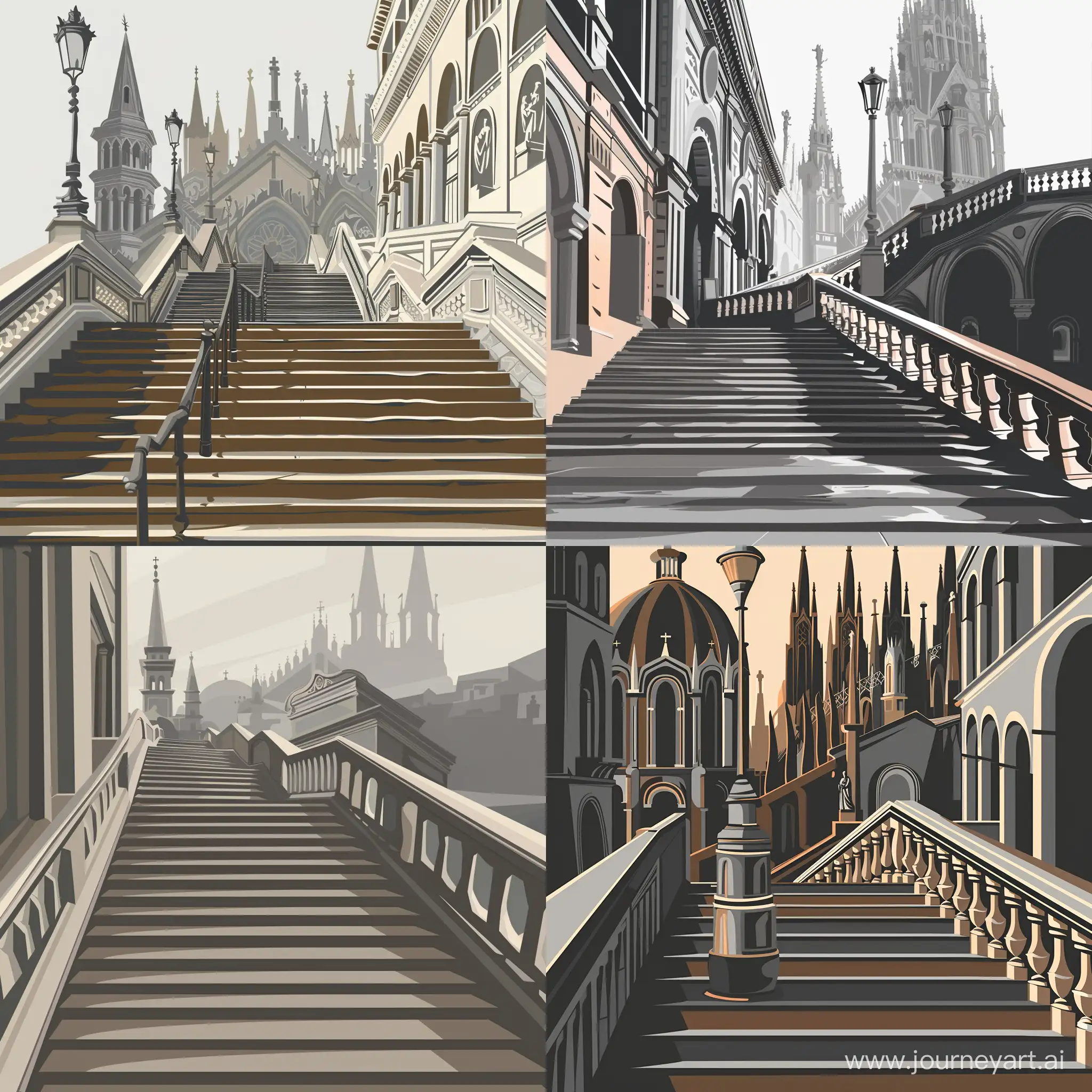 vector illustration of stairs leading to the cathedral, in the style of italian landscapes, terraced cityscapes, gray and brown, consumer culture critique, baroque nu-vintage, HD in vector style