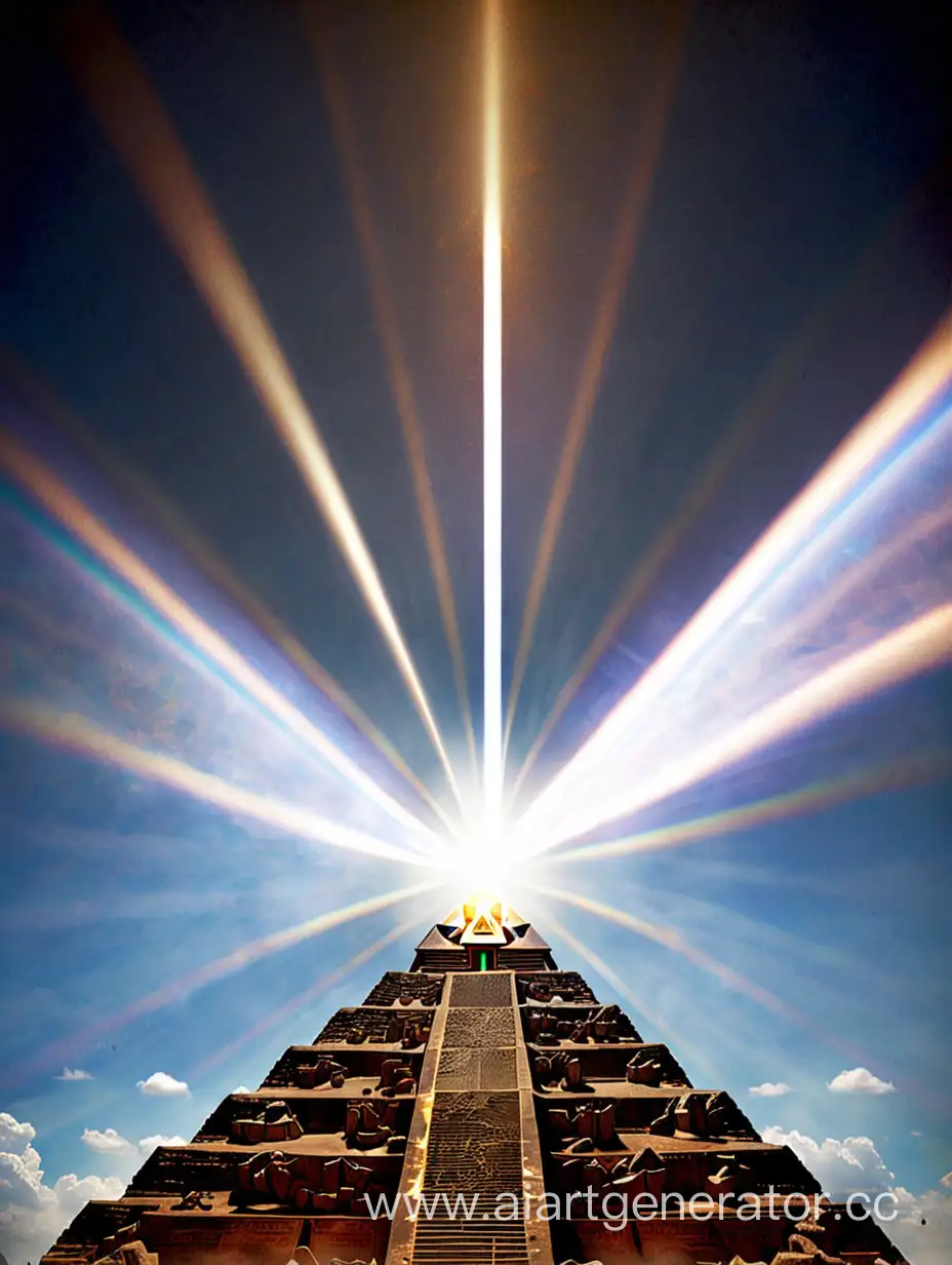 из верхушки пирамиды выходит луч света прямо в светлое небо
