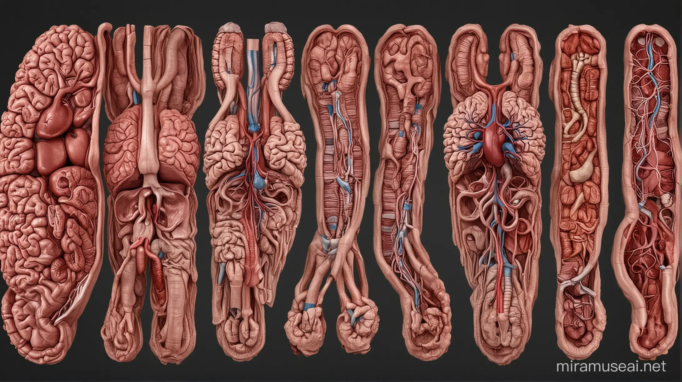 I need to design a PNG photo of all human internal organs brain, liver heart, gut, intestine,  kidney, genital organs, and brain. Divide the photo into two parts. the left side has each organ alone and on the right one all organs connected together provided with the blood supply and supported glands, as 3D ultra definition 