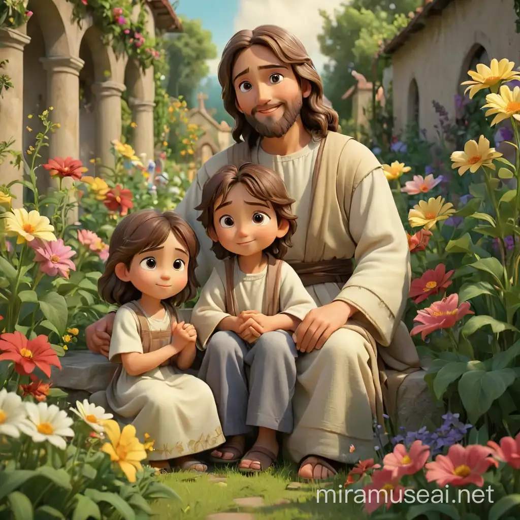 Children sitting on the lap of Jesus in a garden with lot flowers ,
animation style 
