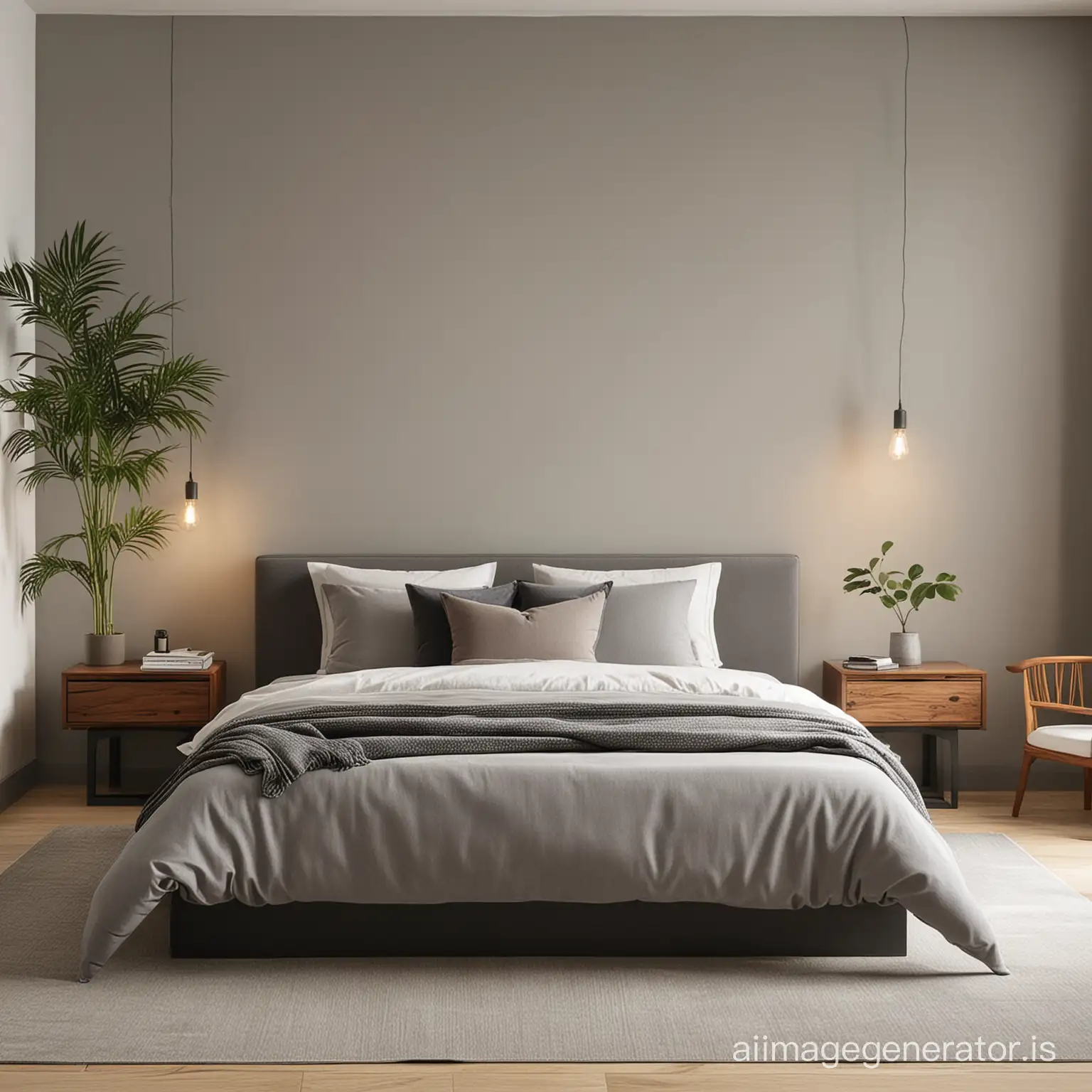 A japandi bedroom with a grey bed and modern furniture