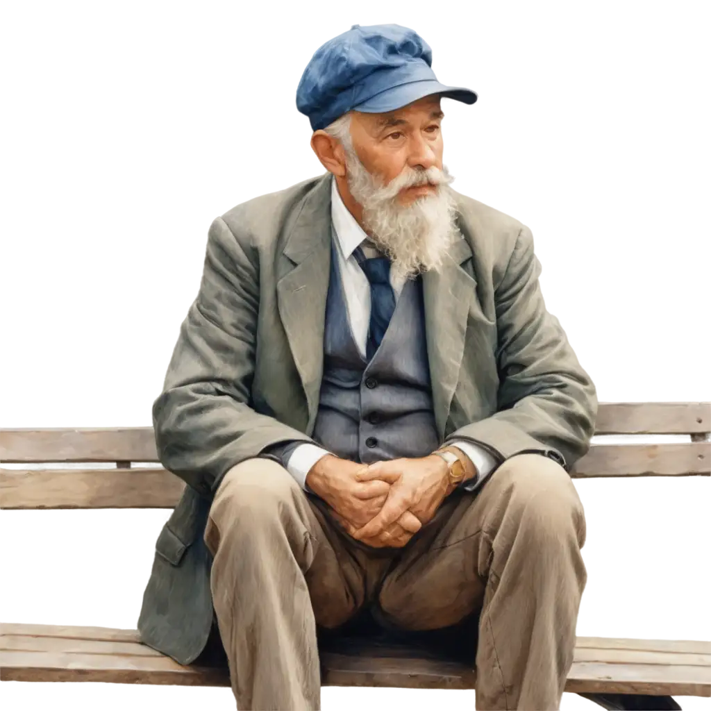 An old man wearing a cap while seating on a bench in front of his little store claude monet art style