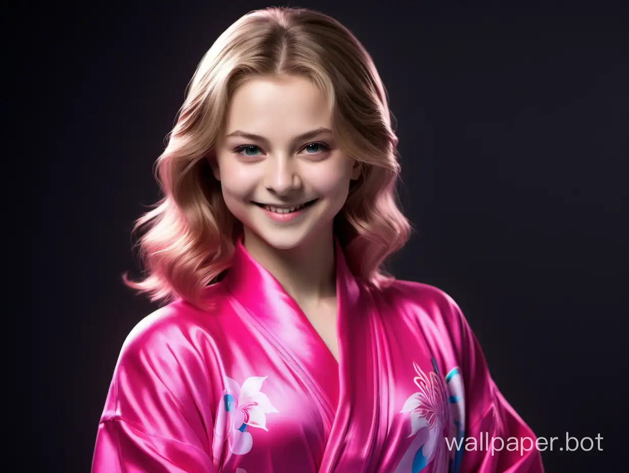 Юлия Липницкая улыбается в шелковом халате цвета розовая фуксия в аниме стиле