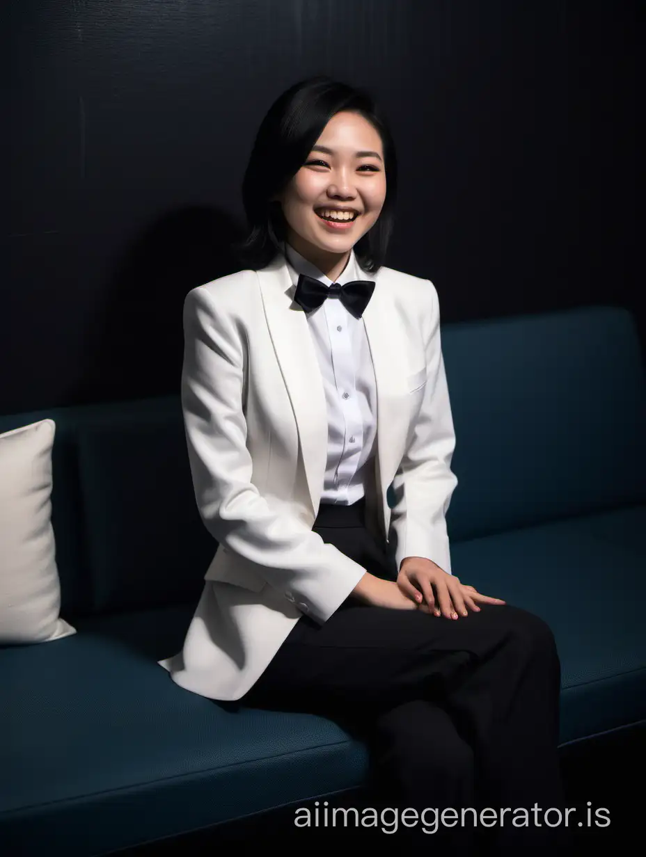 An elegant and sophisticated Chinese woman with shoulder length hair is sitting on a couch in a dark room.  She is wearing a white dinner jacket over a (white shirt with a black bow tie). Her pants are black.  She is smiling and laughing.