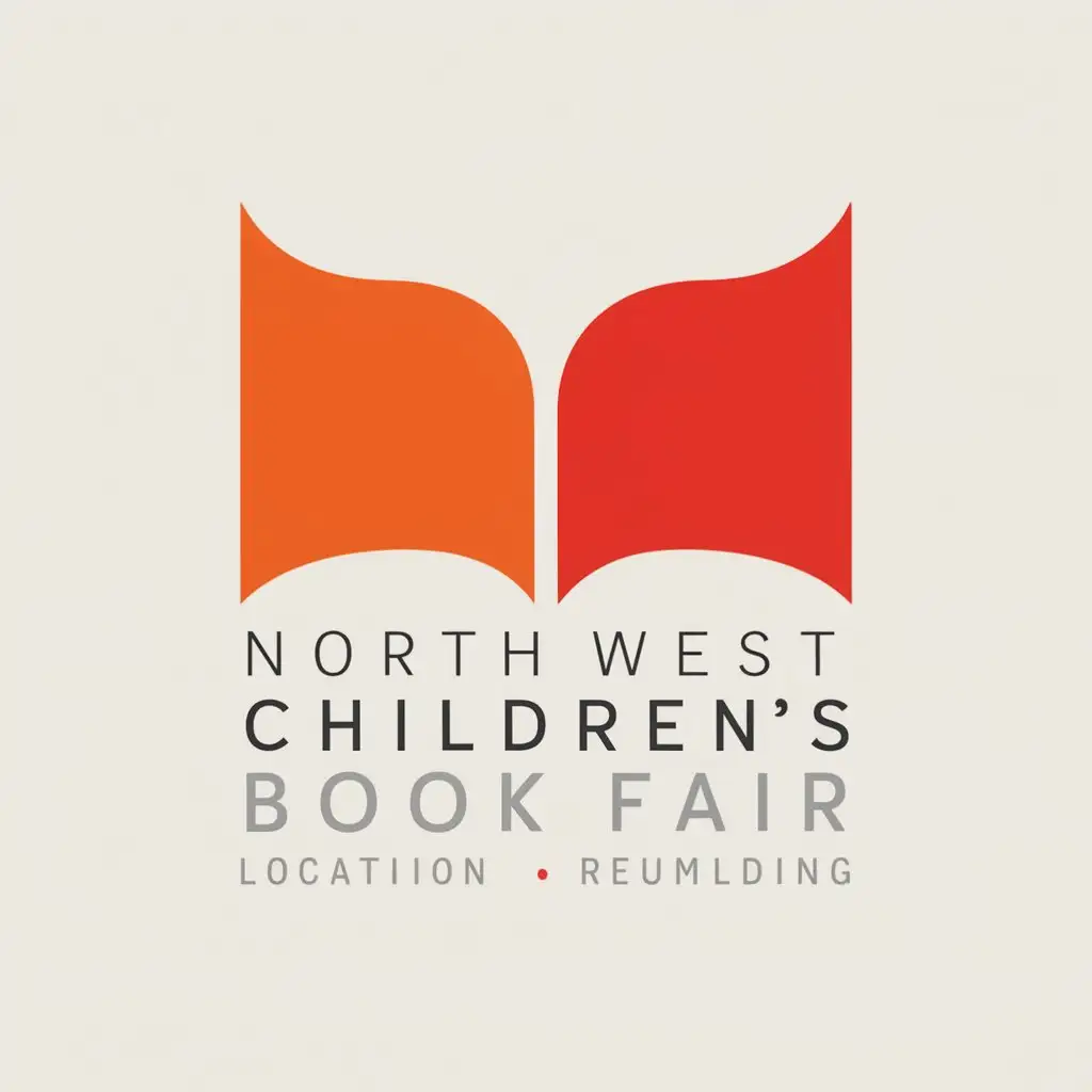 minimalistic logo for a book fair. orange red and grey colours, title "North West Children's Book Fair", white background