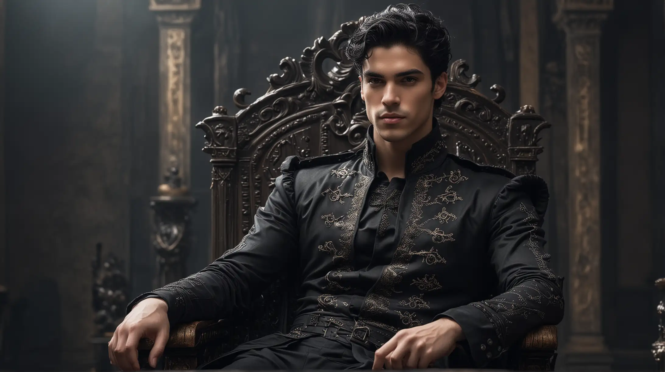 young attractive prince with black hair, sitting lazily on the throne, smirking, caucasian, dark fantasy clothing, clean shaven, Lorenzo zurzolo