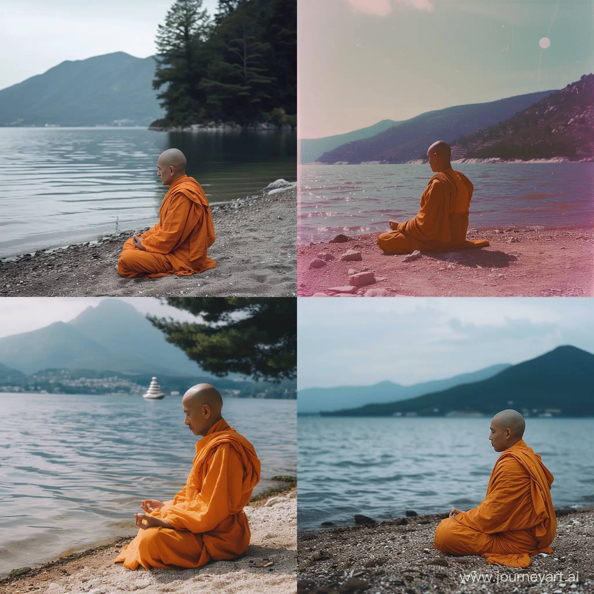 buddhist monk meditating on the shore of a lake vaporwave aesthetics