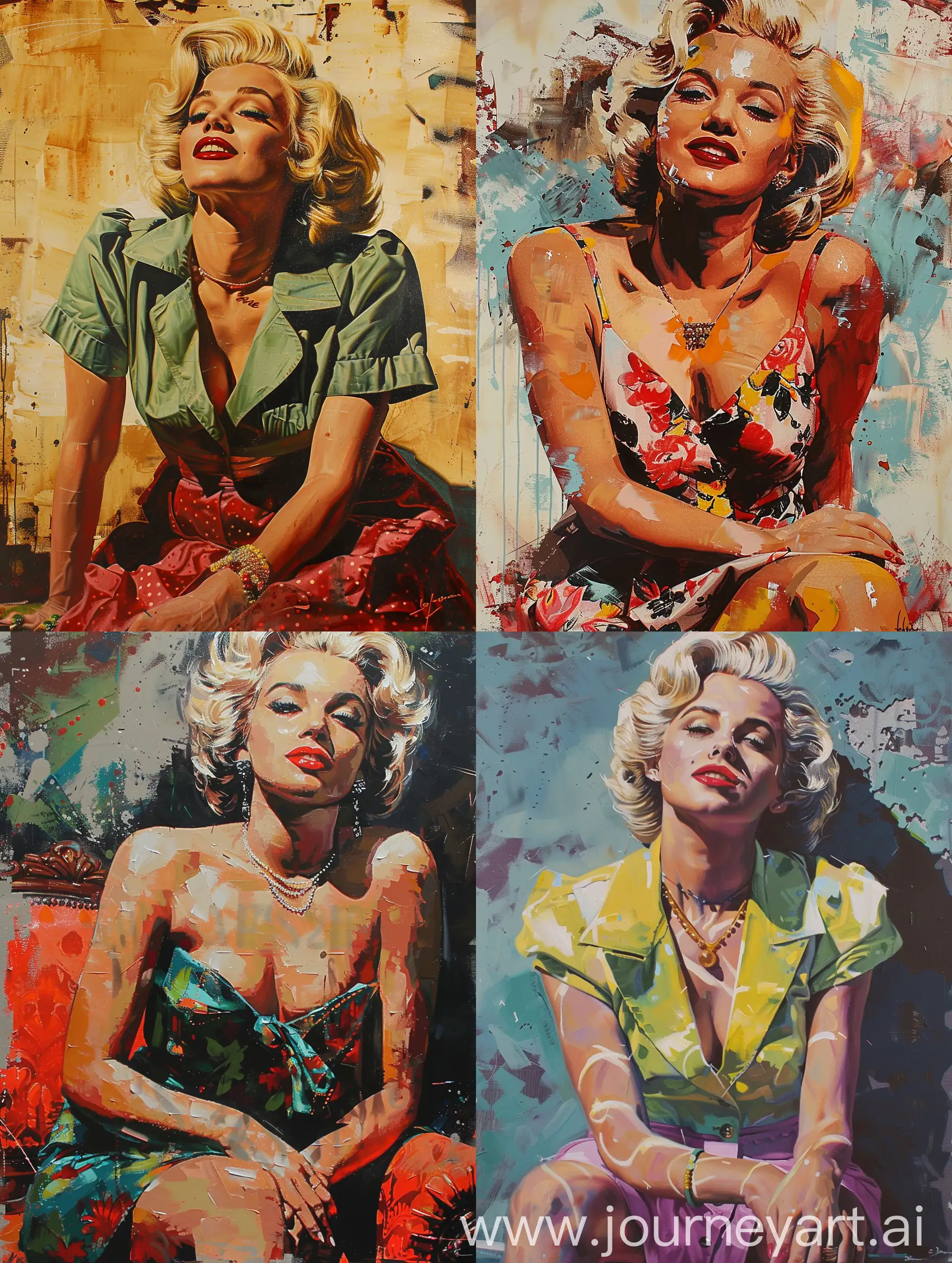 Contemporary painting of Marilyn Monroe, dressed in fashionable clothes, glamour,beauty, creative, poster style