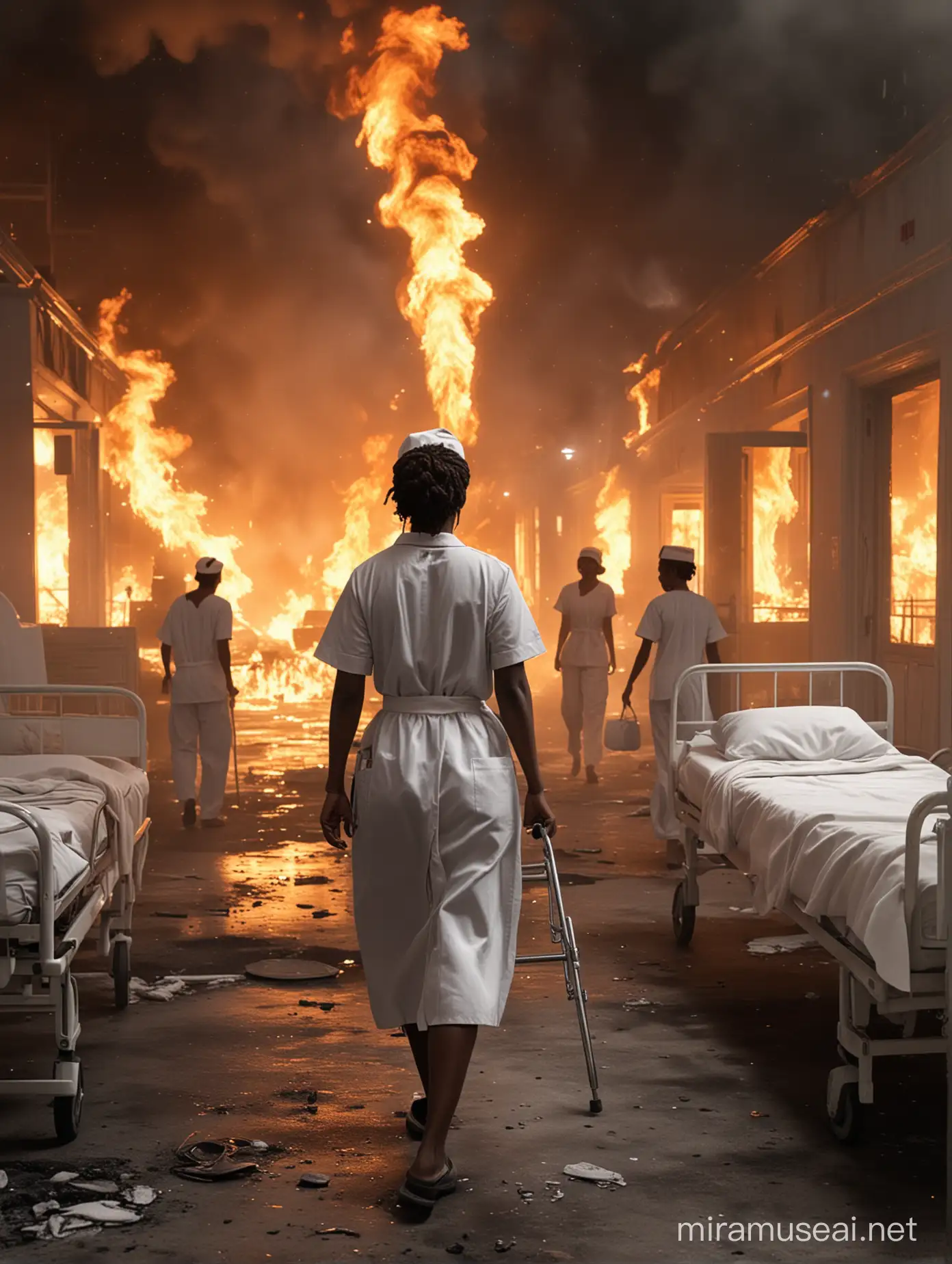 a carribean nurse walks pulling a patient into a hospital bed in the background the hospital is burning in flames, fashwave, very realistic, 8k quality, hyper realistic, ultra realism.candid celebrity shots, uhd image, body extensions, natural beauty --ar 69:128 --s 750 --v 5. 2