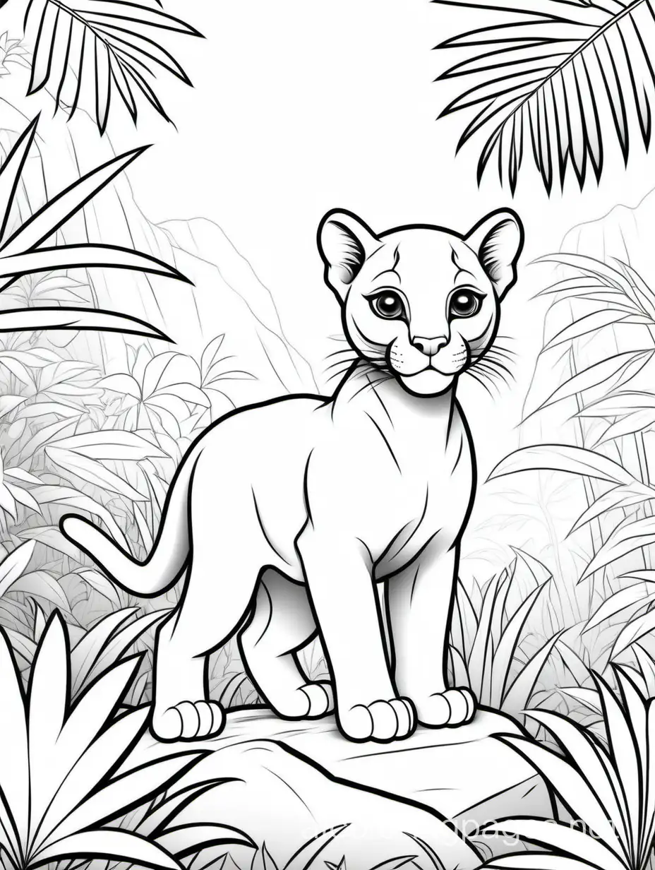 Baby puma in a jungle , Coloring Page, black and white, line art, white background, Simplicity, Ample White Space. The background of the coloring page is plain white to make it easy for young children to color within the lines. The outlines of all the subjects are easy to distinguish, making it simple for kids to color without too much difficulty