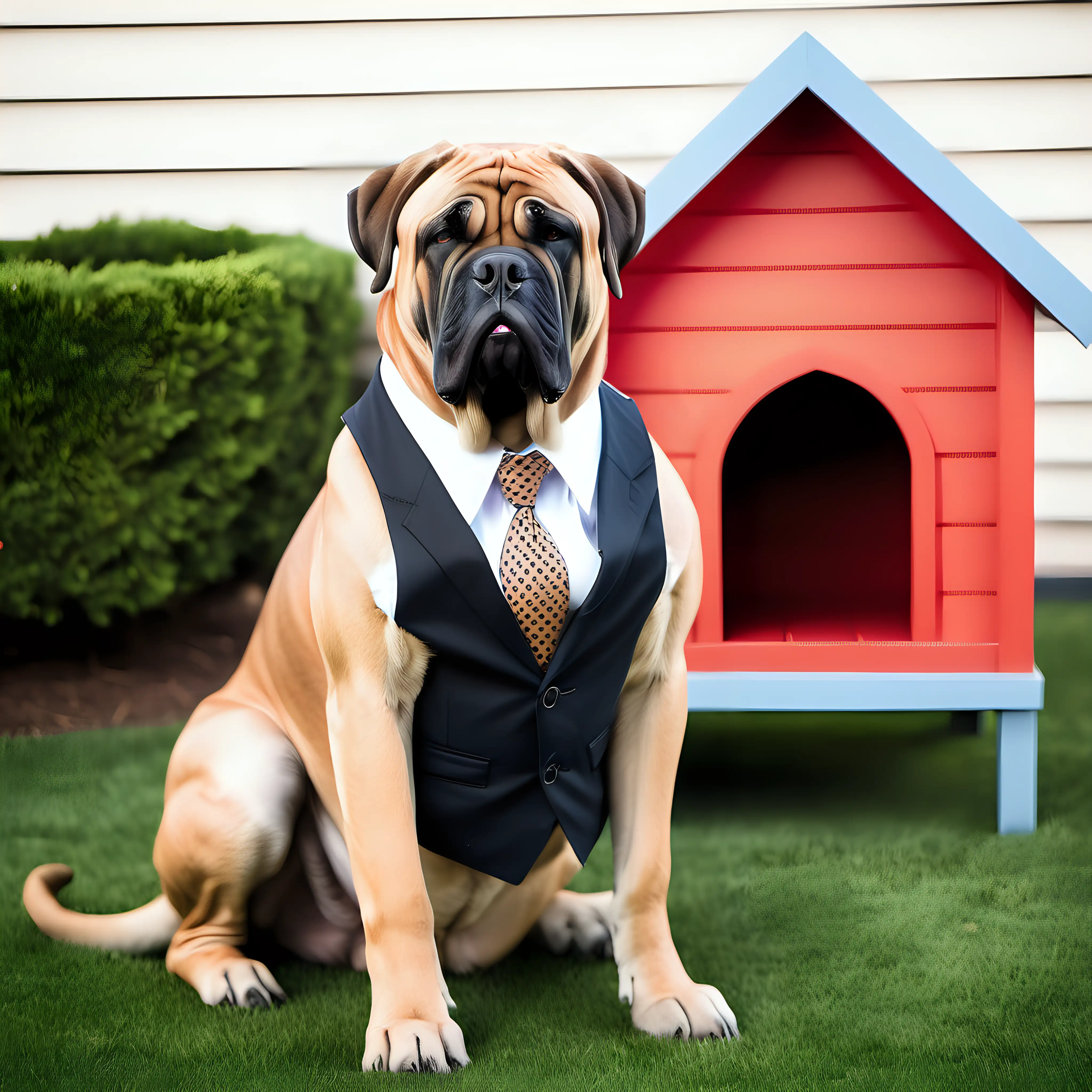 Dapper Bullmastiff in Stylish Attire with Luxurious Dog House