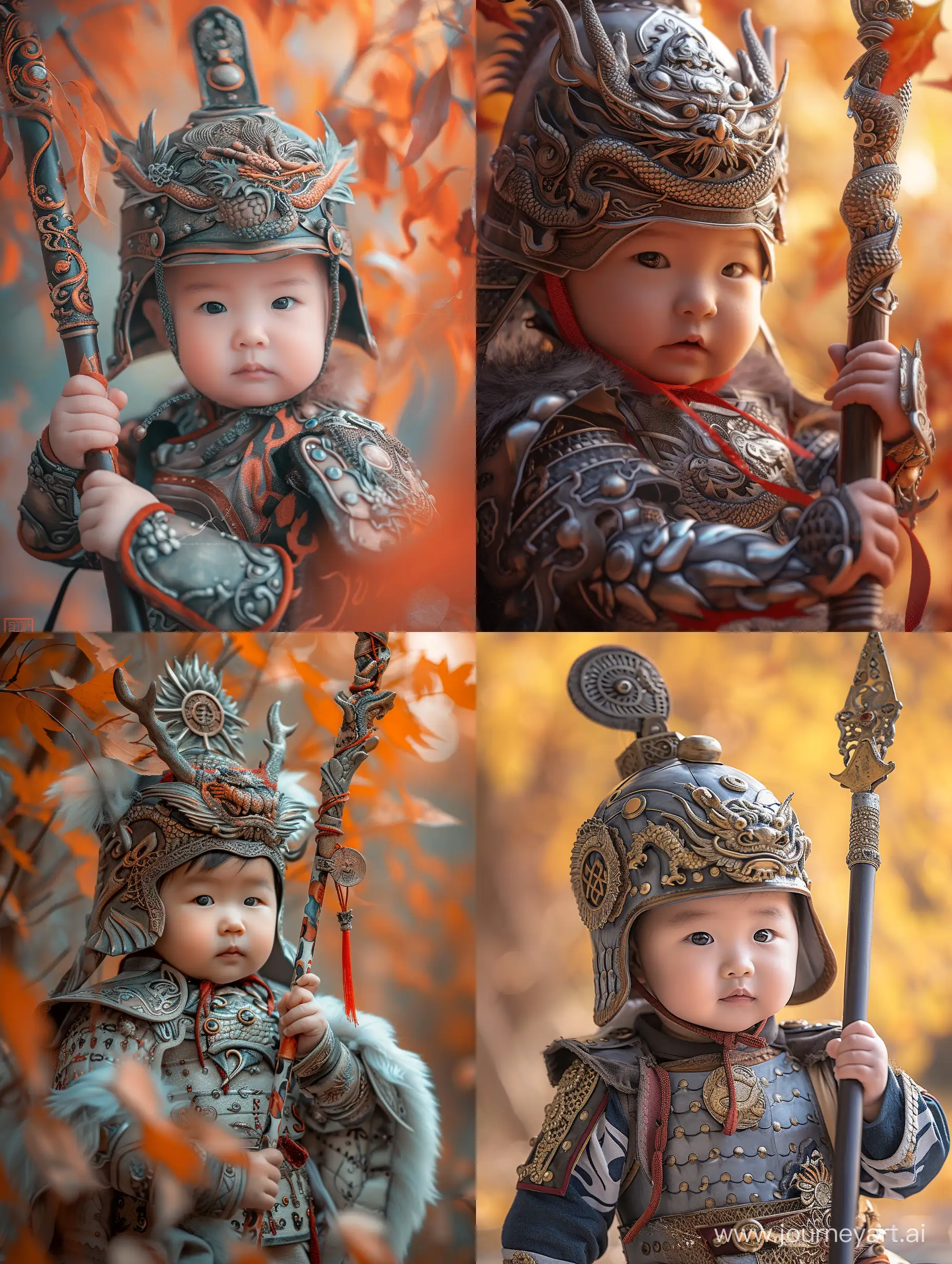 A beautiful 1-year-old baby, dressed in ancient Chinese general armor, holding a dragon-patterned spear, wearing a helmet with a dragon, in a close-up shot of the head in autumn. The image is enhanced with 8k HDR best quality, creating a stunningly realistic scene. 