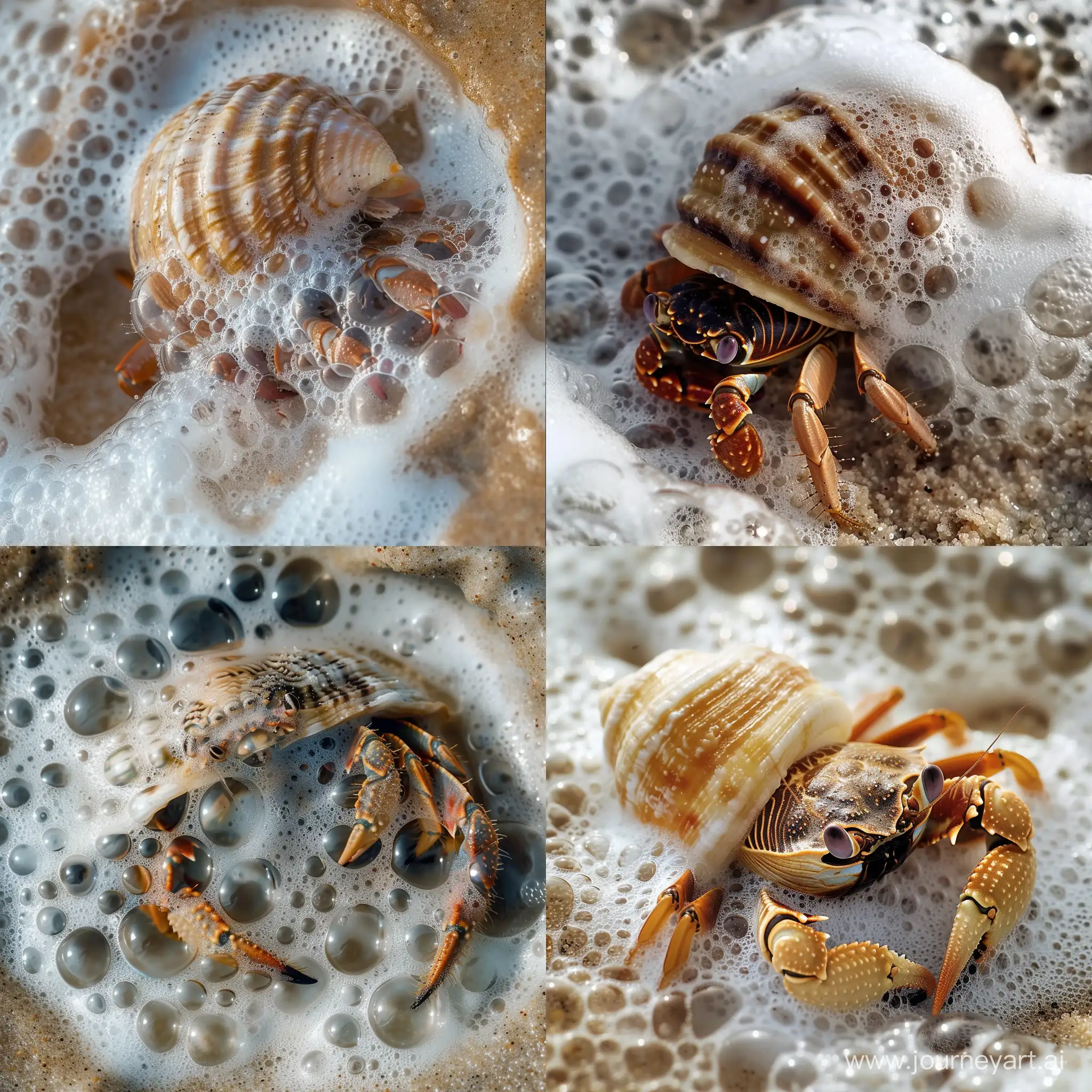 Close-up photograph of a hermit crab nestled in wet sand, with sea foam nearby and the details of its shell and texture of the sand accentuated. --v 6 --ar 1:1 --no 11358