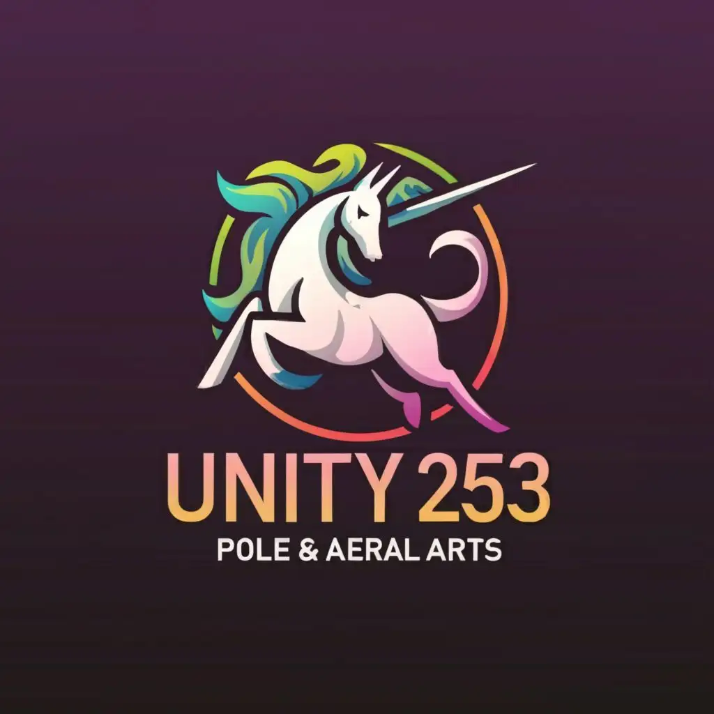 a logo design, with the text "Unity 253 Pole and Aerial Arts", main symbol: unicorn teal and purple, minimalistic be used in Sports Fitness industry, clear background (no stars) with pole
