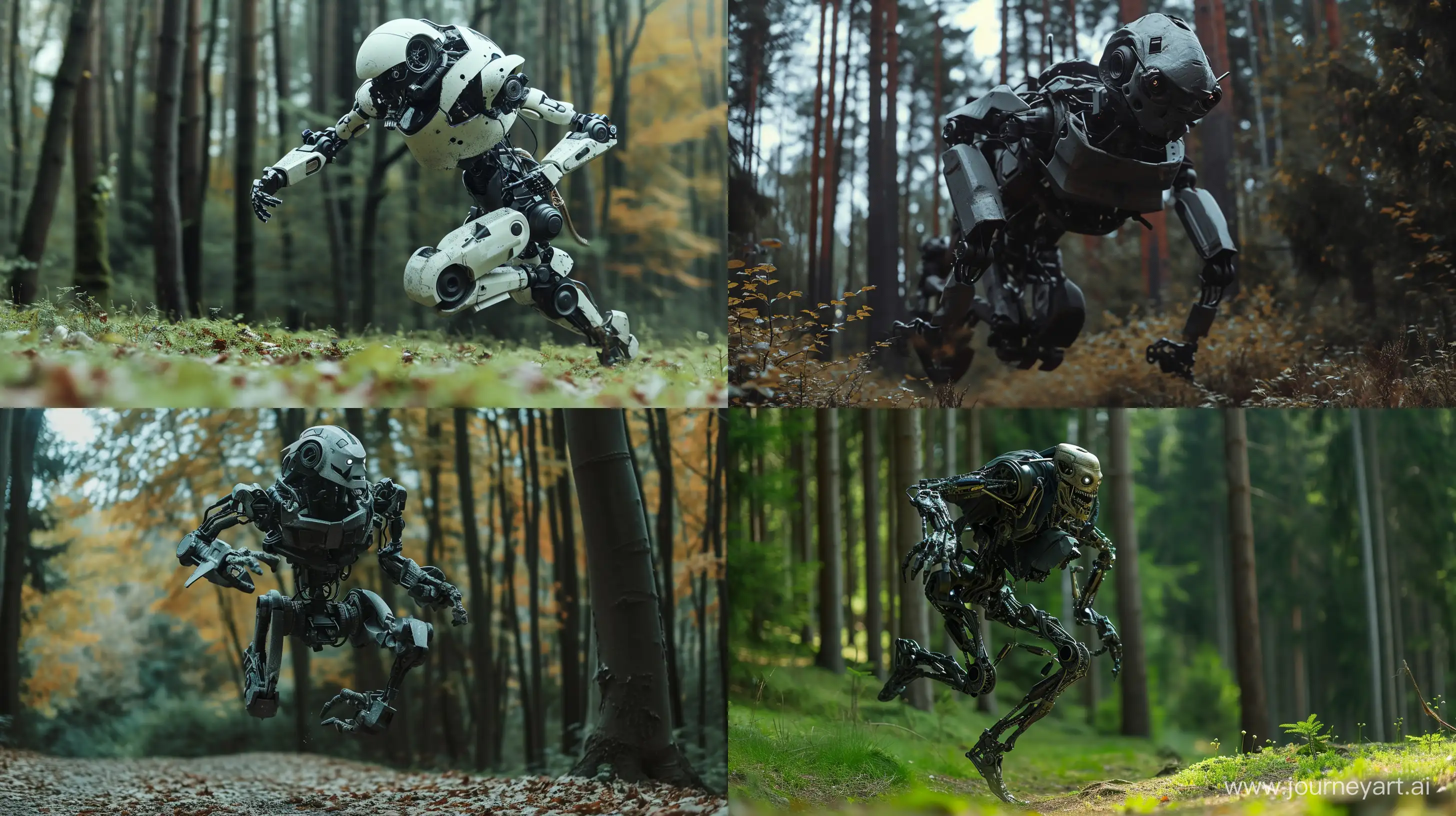 Foto realista de um robô assustador correndo na floresta --ar 16:9 --v 6.0